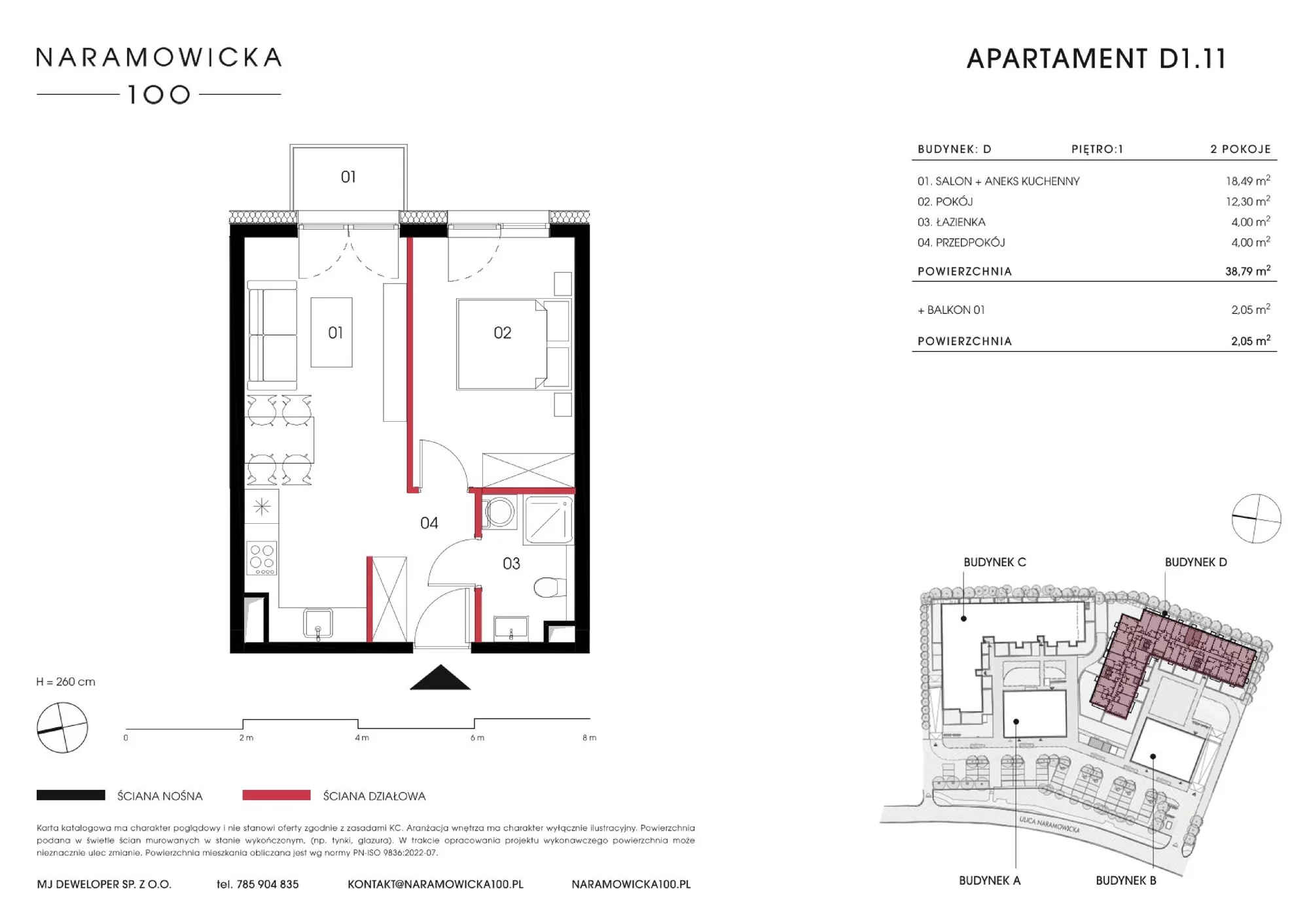 Mieszkanie 38,79 m², piętro 1, oferta nr D 1.11, Naramowicka 100, Poznań, Winogrady, Winogrady, ul. Naramowicka 100