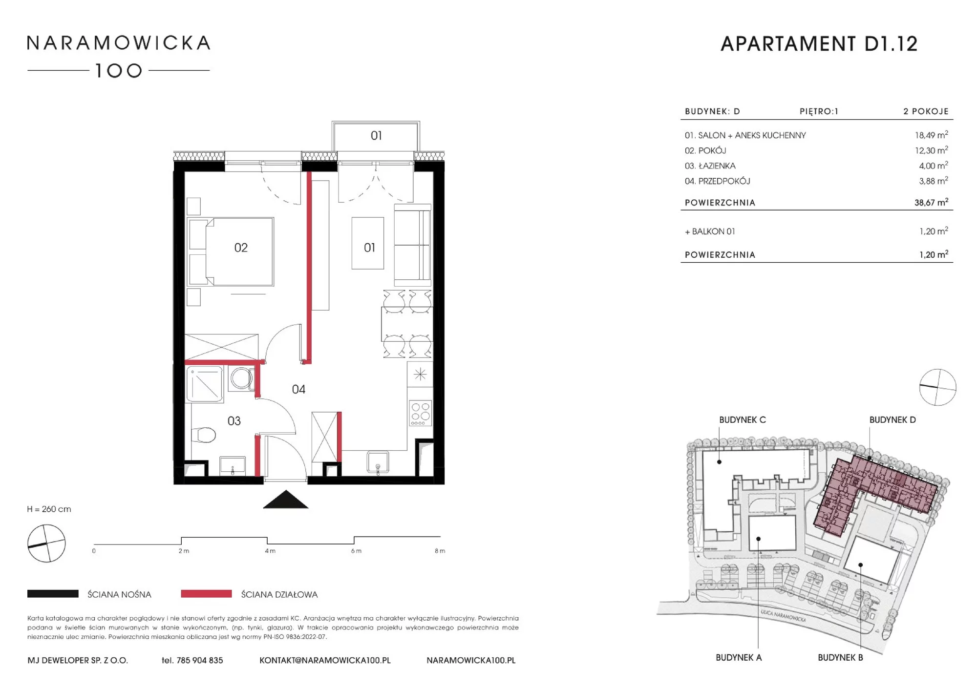 Mieszkanie 38,67 m², piętro 1, oferta nr D 1.12, Naramowicka 100, Poznań, Winogrady, Winogrady, ul. Naramowicka 100