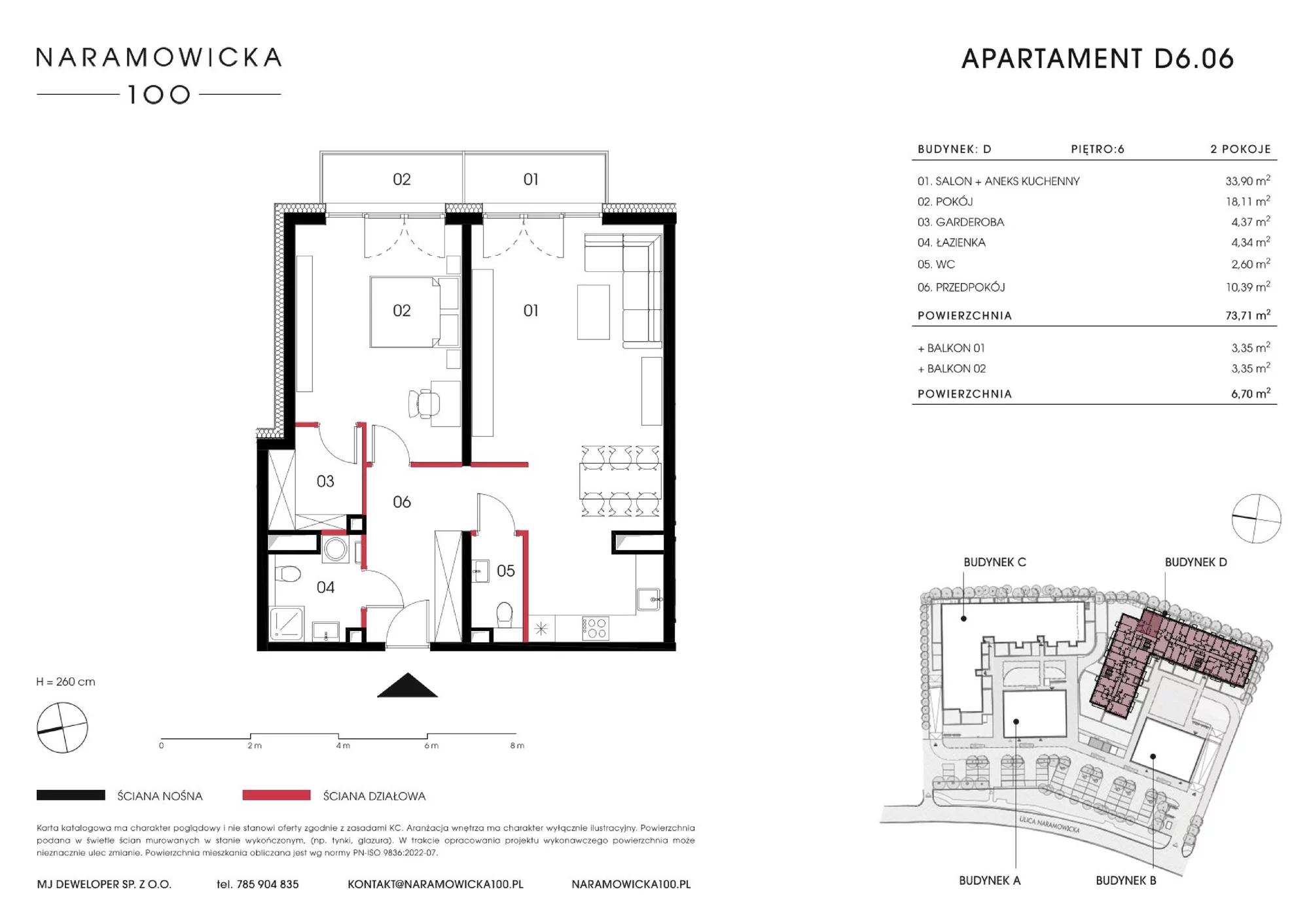 Mieszkanie 73,71 m², piętro 6, oferta nr D 6.06, Naramowicka 100, Poznań, Winogrady, Winogrady, ul. Naramowicka 100