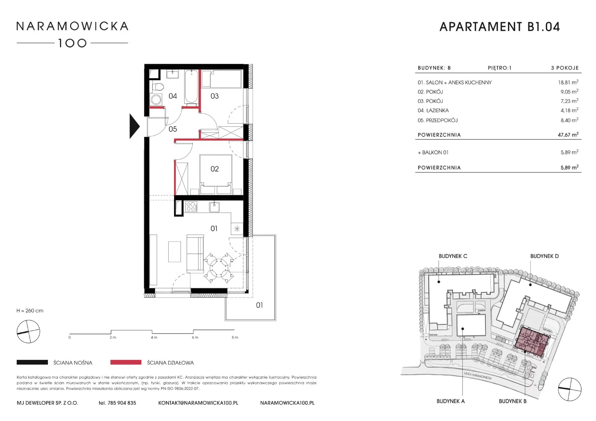 Mieszkanie 47,67 m², piętro 1, oferta nr B 1.04, Naramowicka 100, Poznań, Winogrady, Winogrady, ul. Naramowicka 100