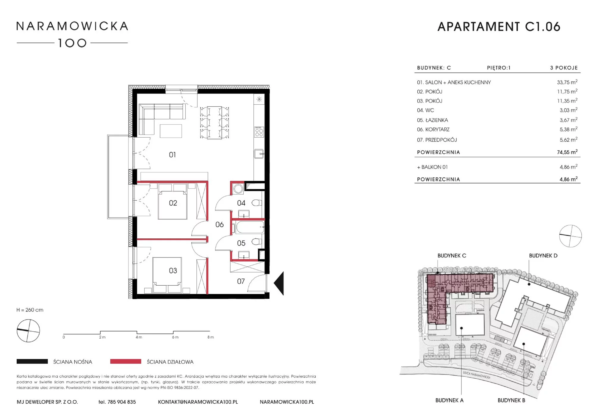 Mieszkanie 74,55 m², piętro 1, oferta nr C 1.06, Naramowicka 100, Poznań, Winogrady, Winogrady, ul. Naramowicka 100