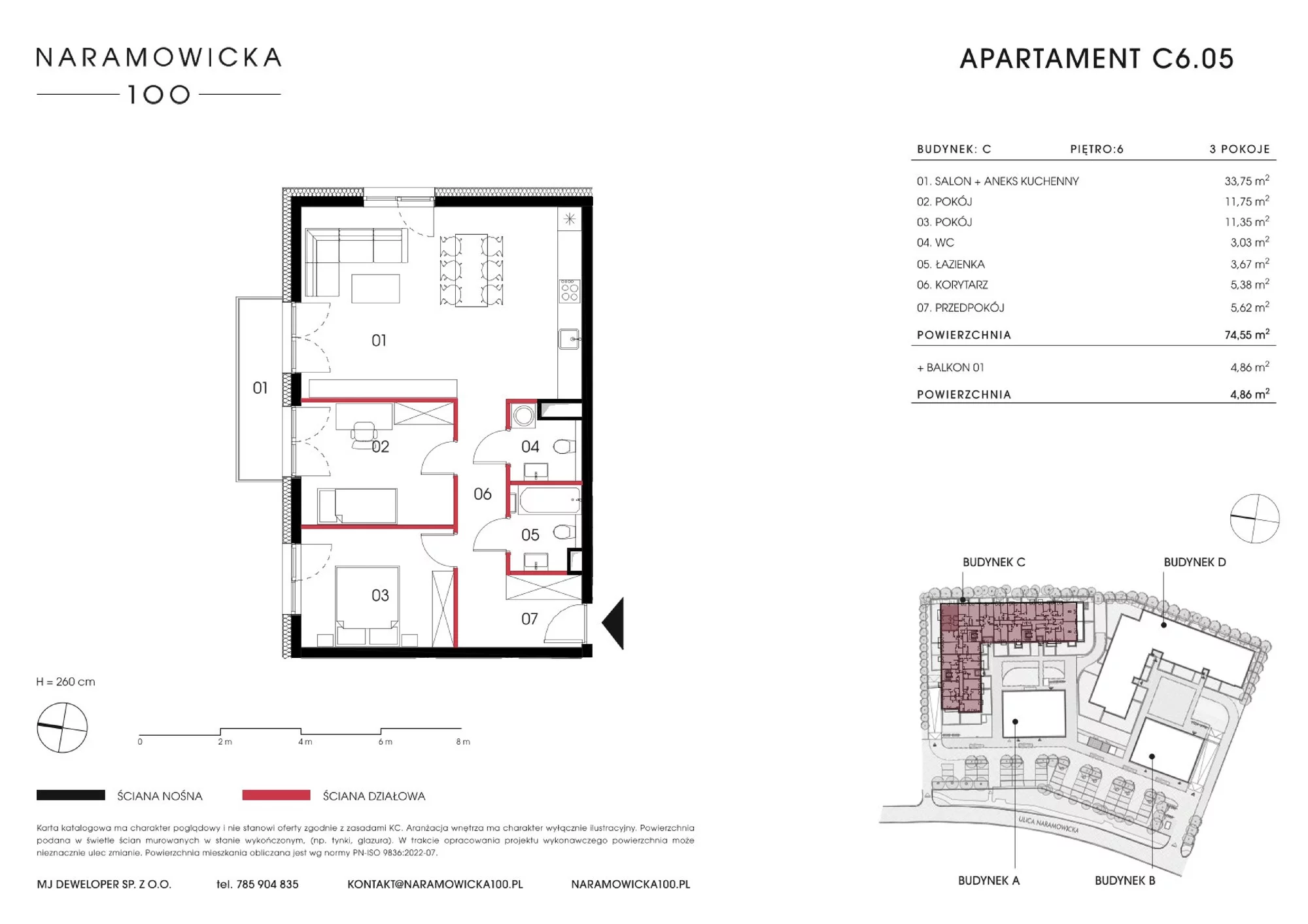 Mieszkanie 74,55 m², piętro 6, oferta nr C 6.05, Naramowicka 100, Poznań, Winogrady, Winogrady, ul. Naramowicka 100