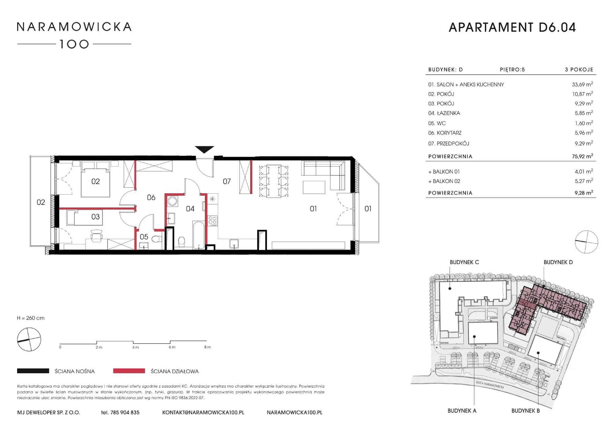 Mieszkanie 75,92 m², piętro 6, oferta nr D 6.04, Naramowicka 100, Poznań, Winogrady, Winogrady, ul. Naramowicka 100