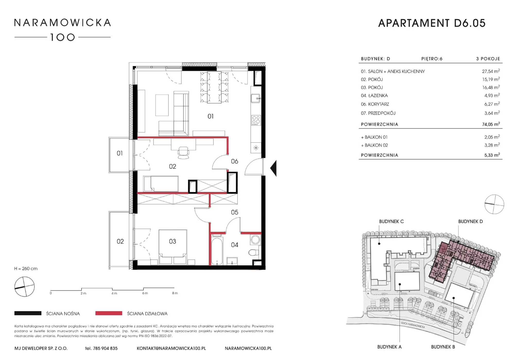 Mieszkanie 74,05 m², piętro 6, oferta nr D 6.05, Naramowicka 100, Poznań, Winogrady, Winogrady, ul. Naramowicka 100