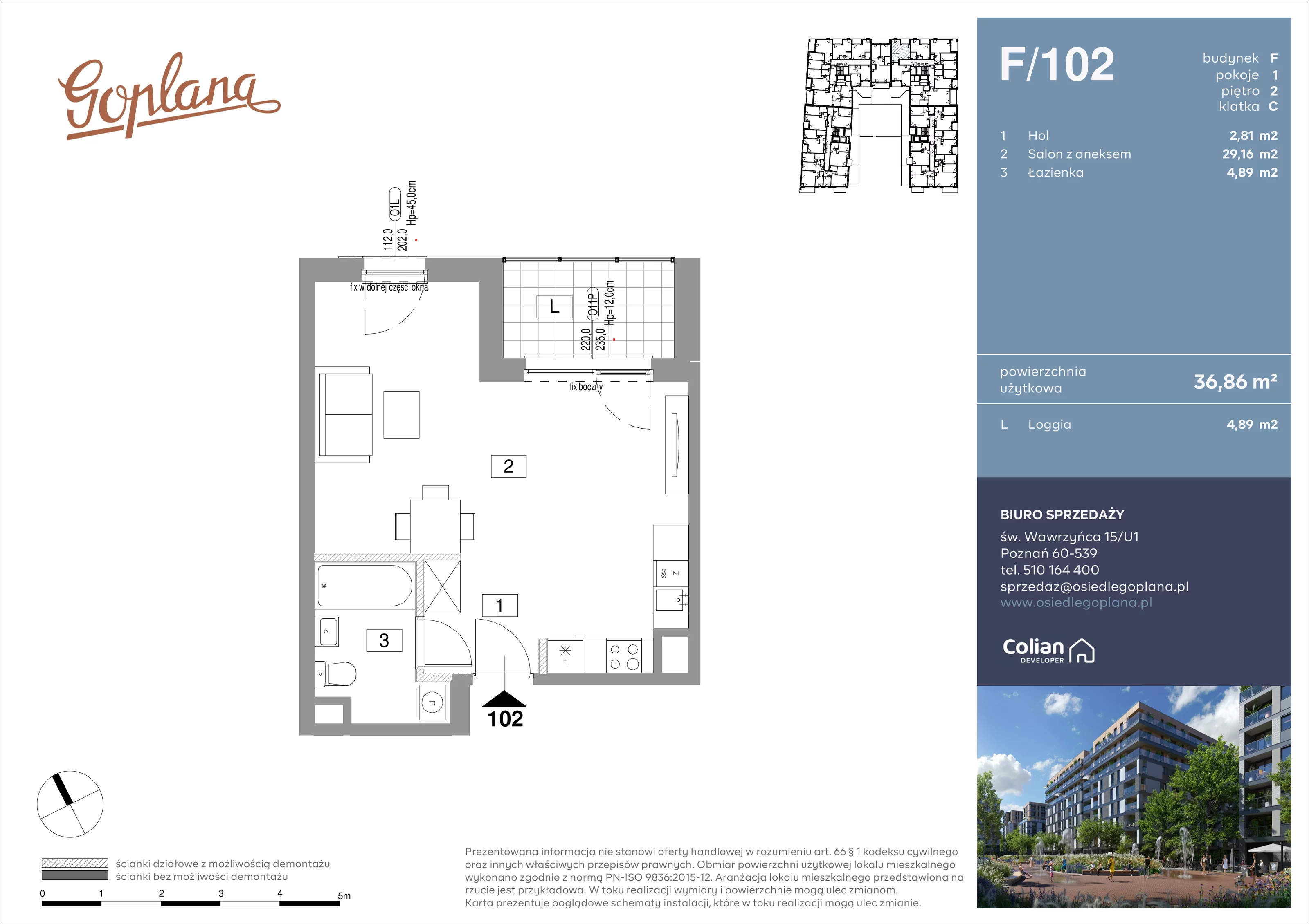 1 pokój, mieszkanie 36,86 m², piętro 2, oferta nr F/102, Goplana Budynek F, Poznań, Jeżyce, ul. św. Wawrzyńca