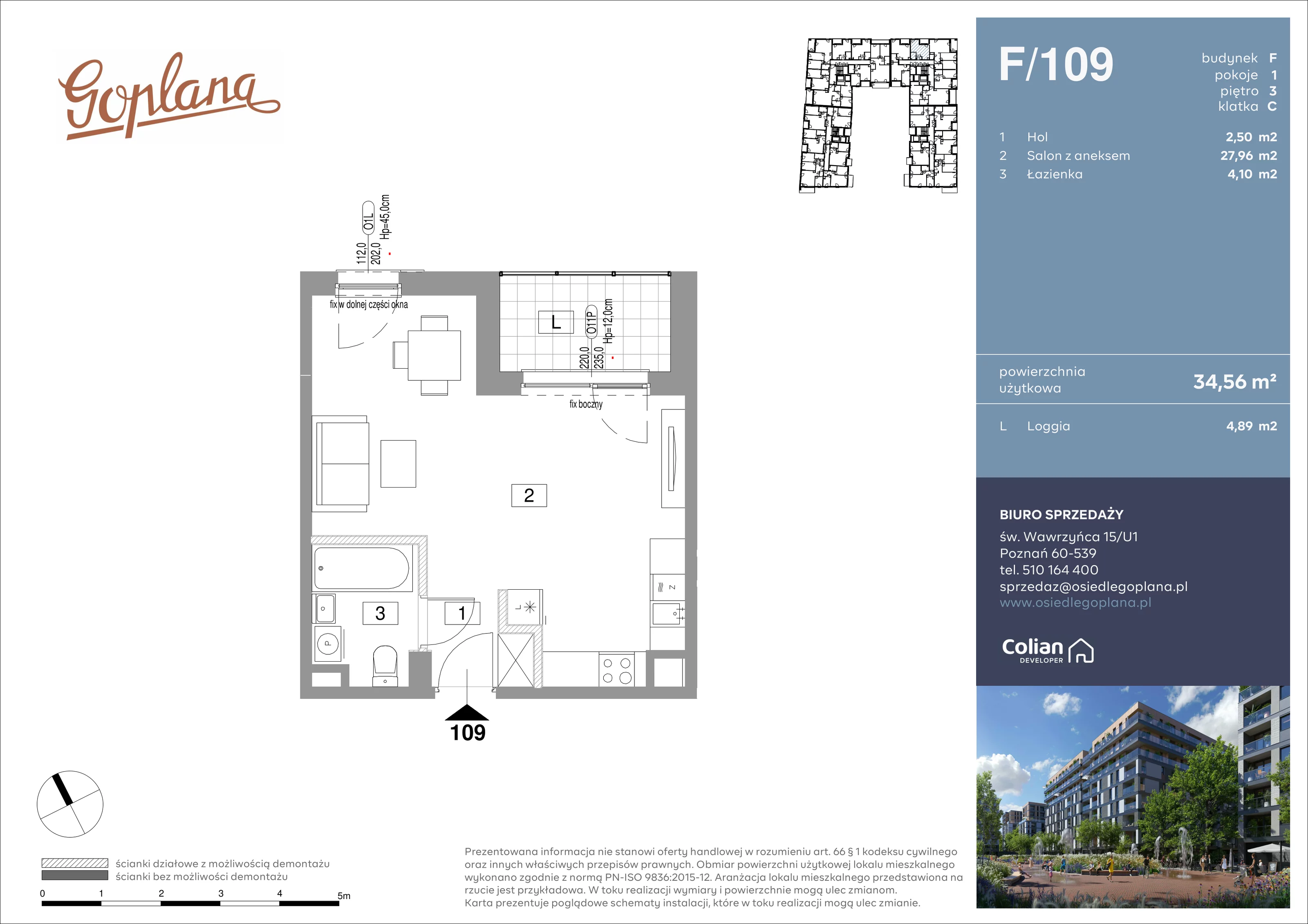 1 pokój, mieszkanie 34,56 m², piętro 3, oferta nr F/109, Goplana Budynek F, Poznań, Jeżyce, ul. św. Wawrzyńca