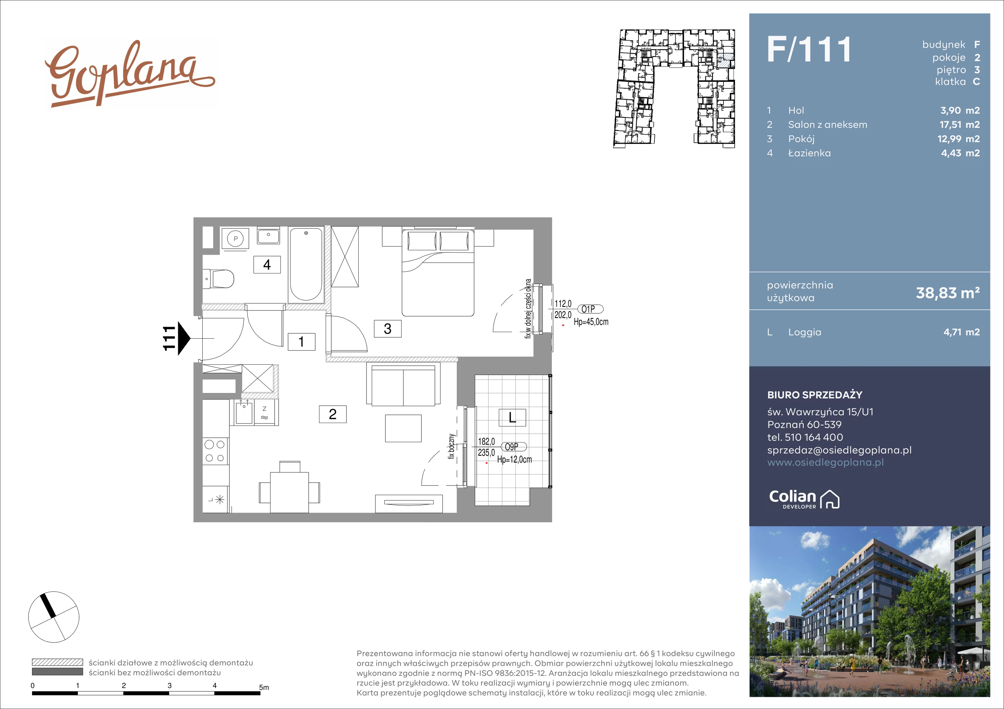 2 pokoje, mieszkanie 38,68 m², piętro 3, oferta nr F/111, Goplana Budynek F, Poznań, Jeżyce, ul. św. Wawrzyńca
