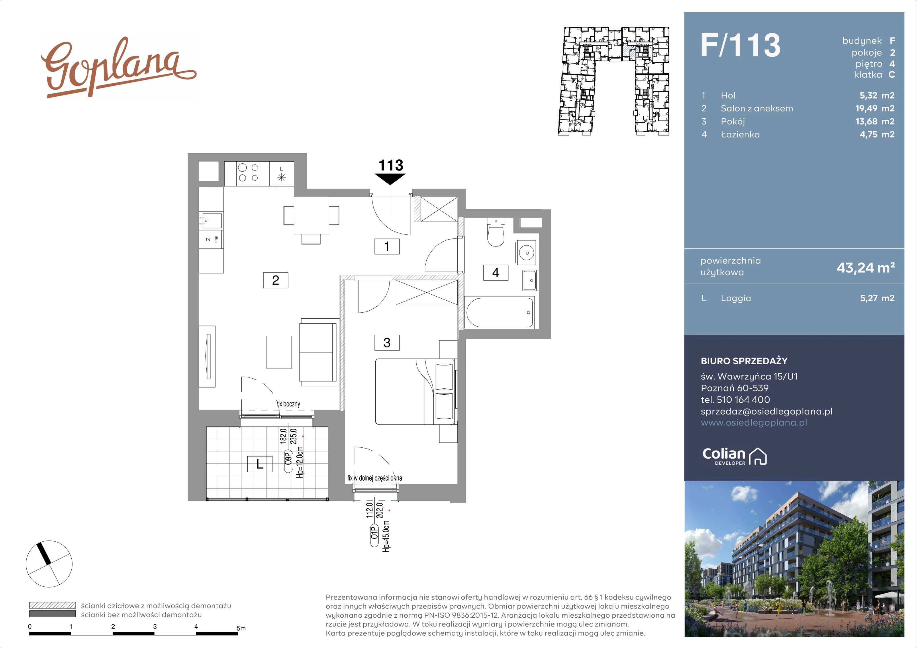 2 pokoje, mieszkanie 43,24 m², piętro 4, oferta nr F/113, Goplana Budynek F, Poznań, Jeżyce, ul. św. Wawrzyńca