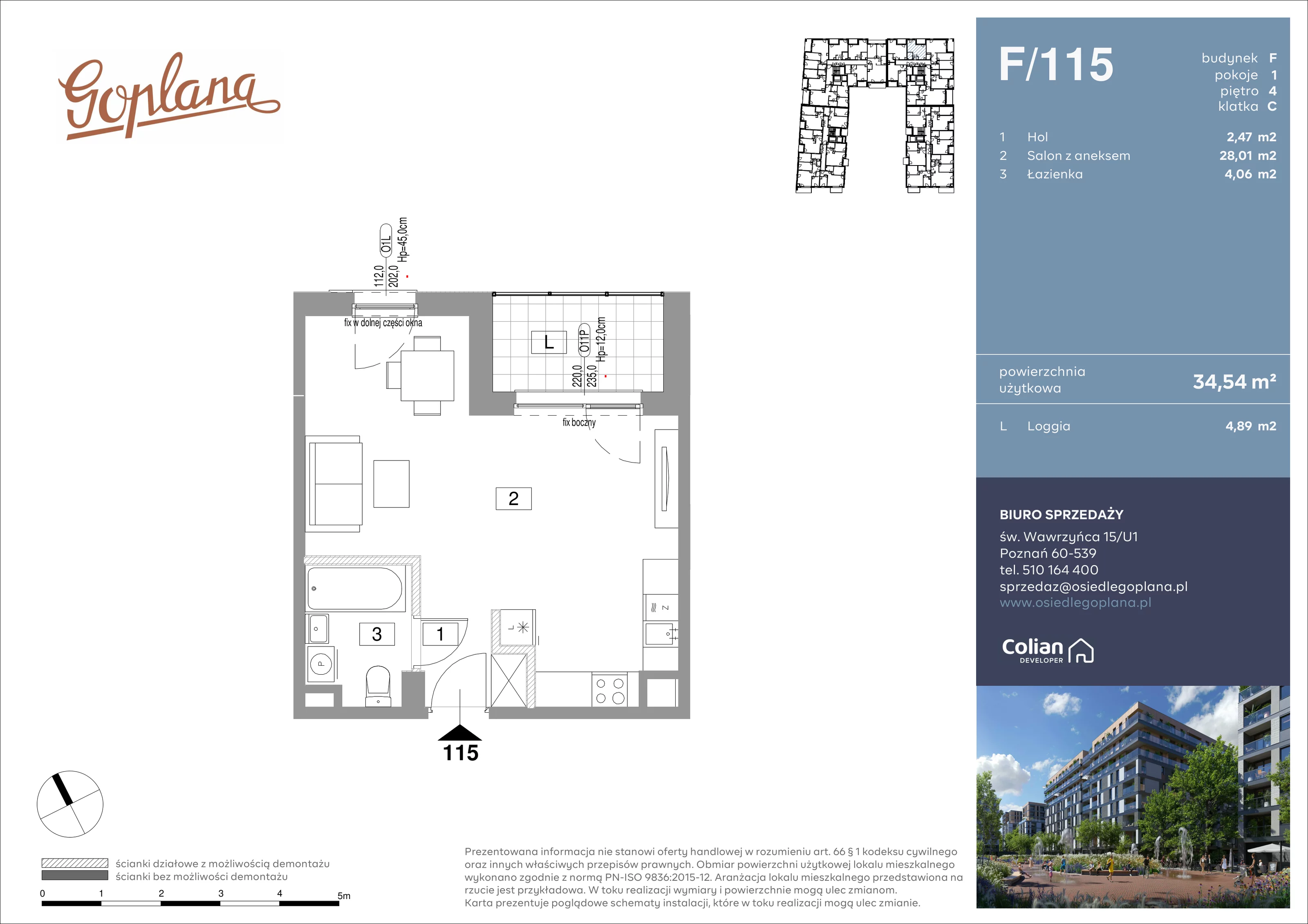 1 pokój, mieszkanie 34,54 m², piętro 4, oferta nr F/115, Goplana Budynek F, Poznań, Jeżyce, ul. św. Wawrzyńca