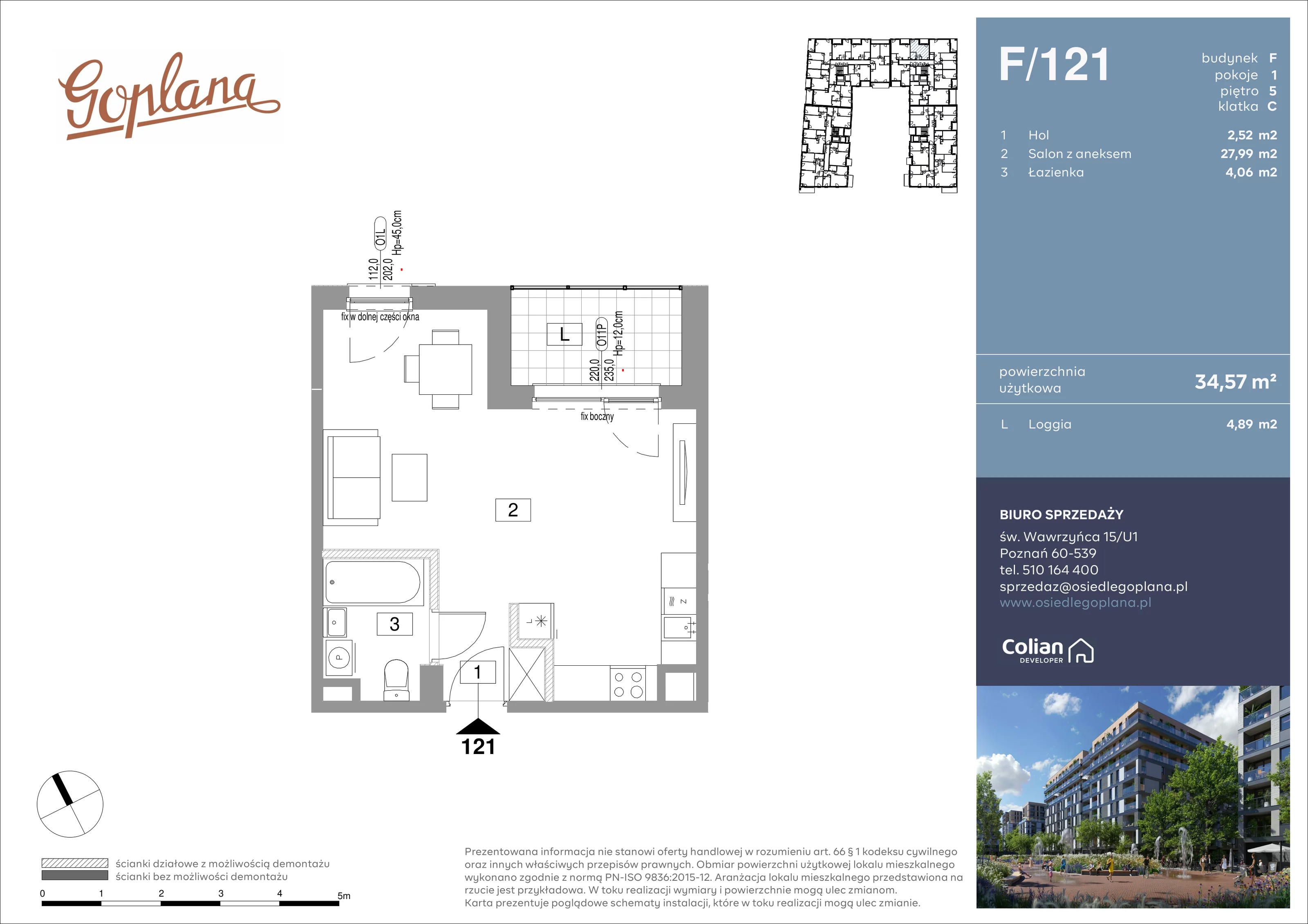 1 pokój, mieszkanie 34,57 m², piętro 5, oferta nr F/121, Goplana Budynek F, Poznań, Jeżyce, ul. św. Wawrzyńca