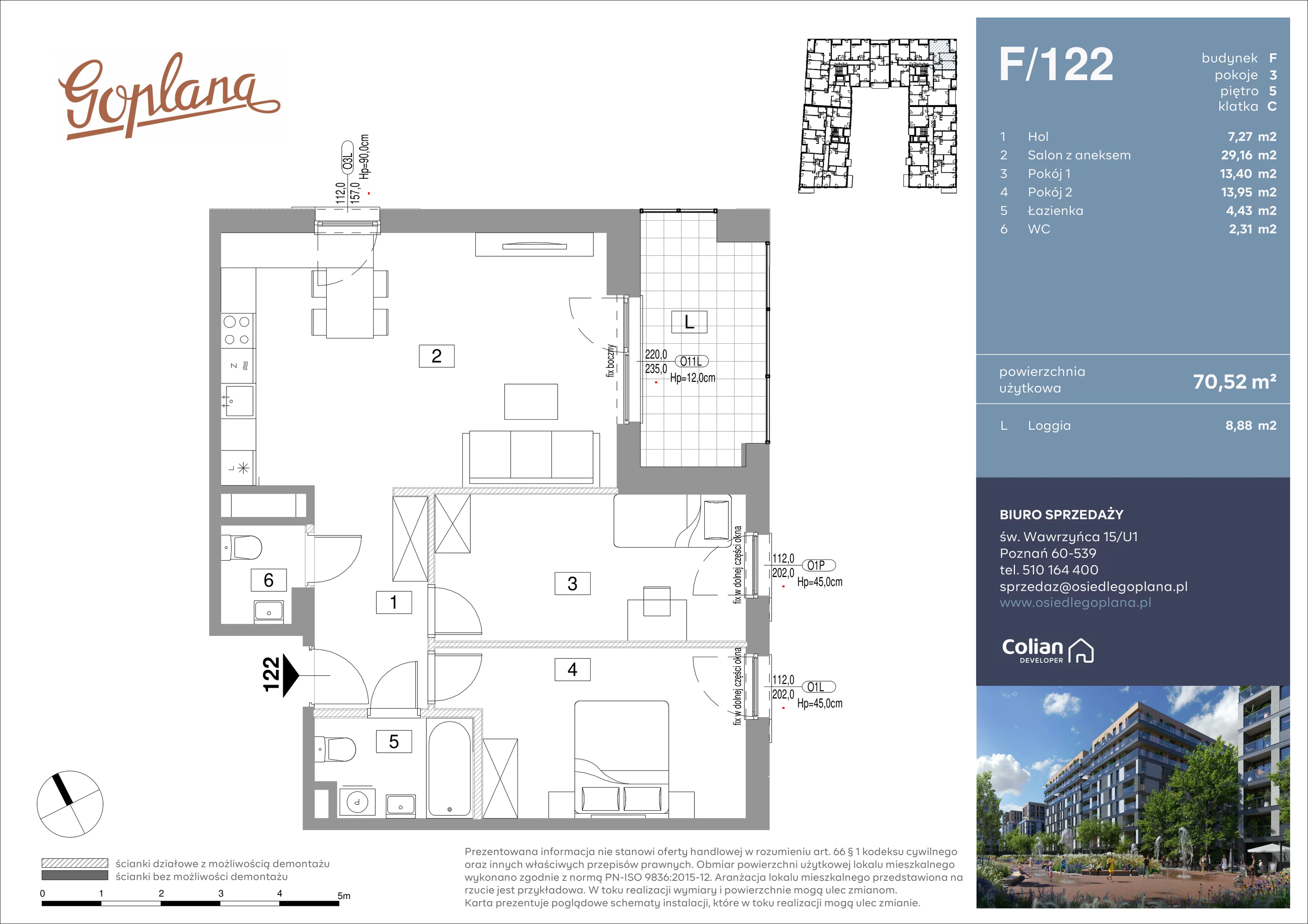 3 pokoje, mieszkanie 70,52 m², piętro 5, oferta nr F/122, Goplana Budynek F, Poznań, Jeżyce, ul. św. Wawrzyńca