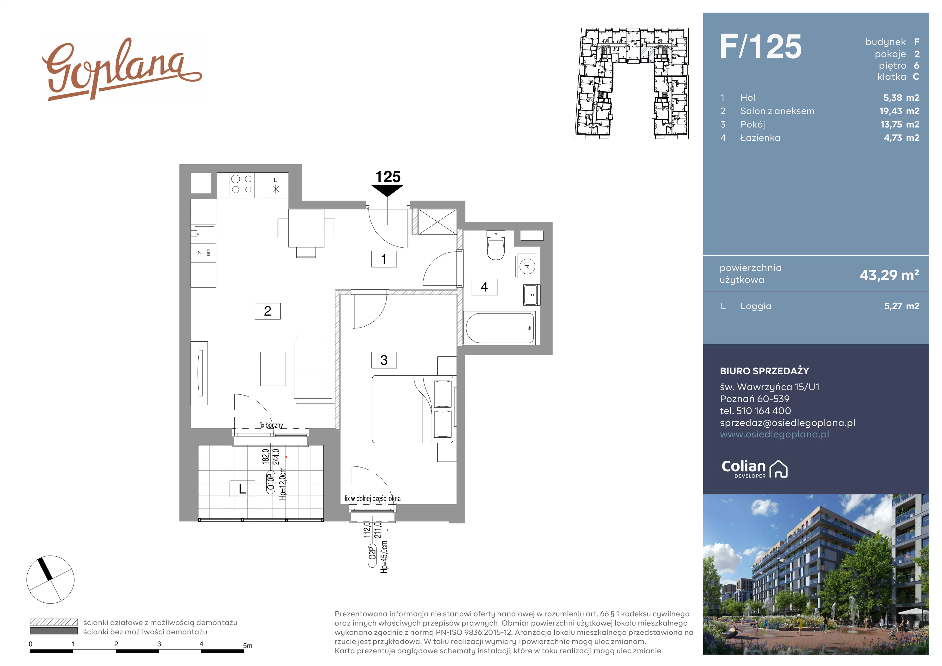 2 pokoje, mieszkanie 43,29 m², piętro 6, oferta nr F/125, Goplana Budynek F, Poznań, Jeżyce, ul. św. Wawrzyńca