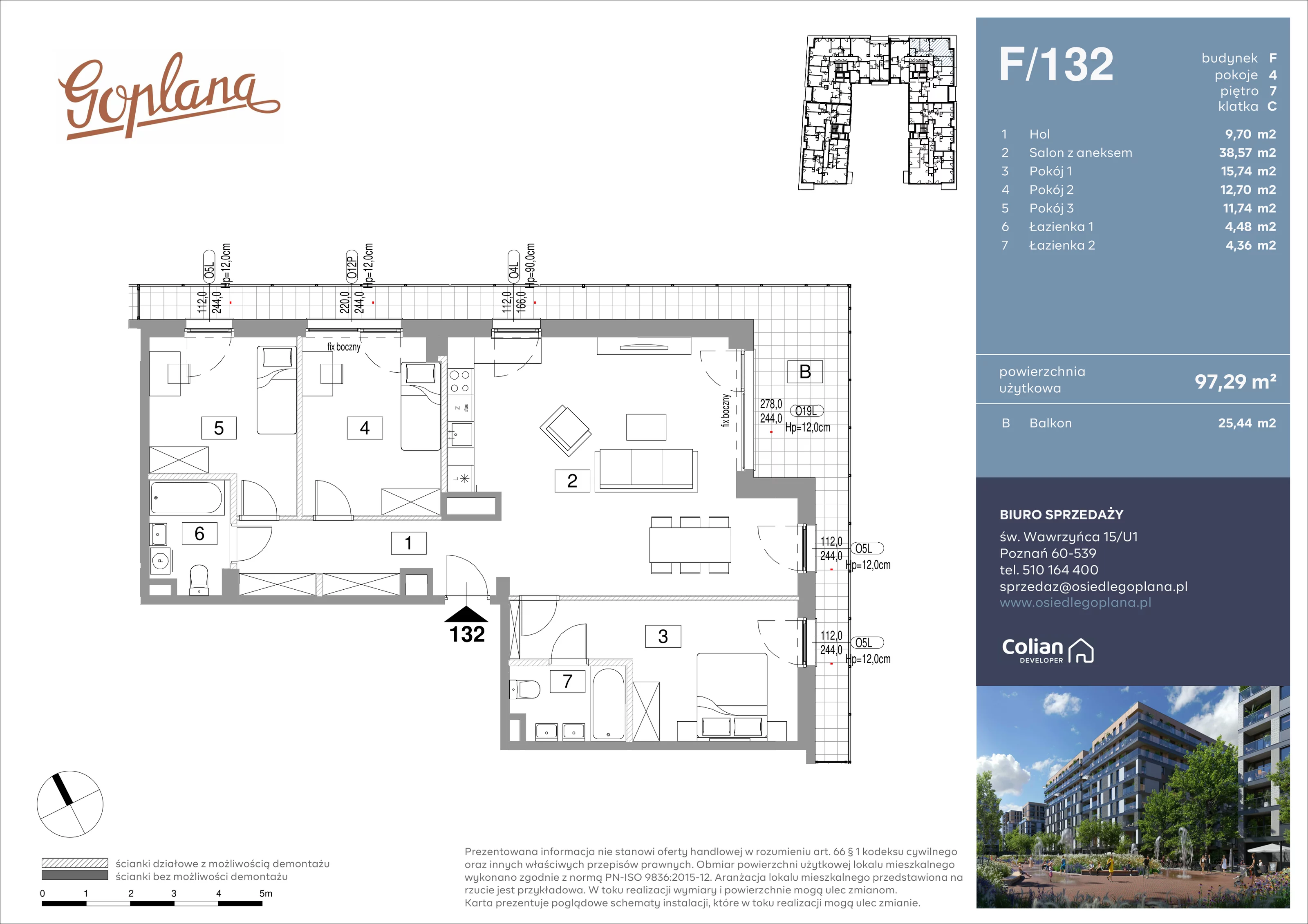 4 pokoje, mieszkanie 97,29 m², piętro 7, oferta nr F/132, Goplana Budynek F, Poznań, Jeżyce, ul. św. Wawrzyńca
