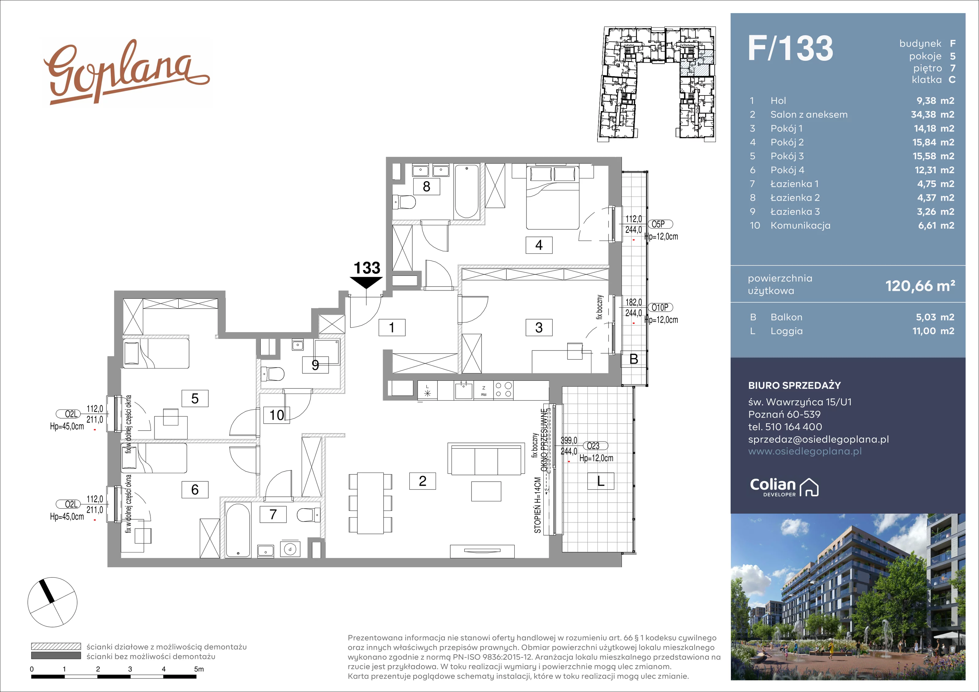 5 pokoi, mieszkanie 120,66 m², piętro 7, oferta nr F/133, Goplana Budynek F, Poznań, Jeżyce, ul. św. Wawrzyńca