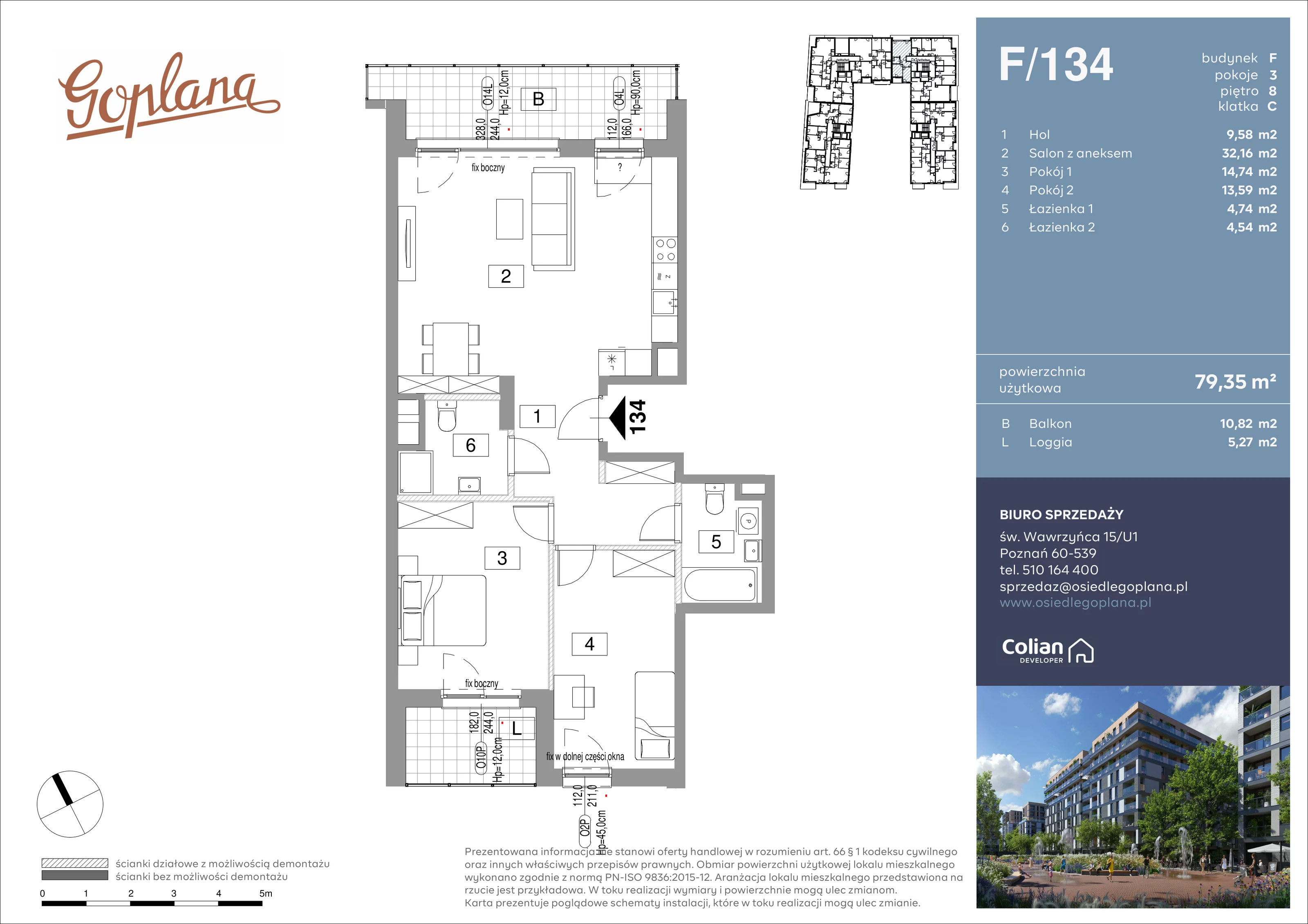 3 pokoje, mieszkanie 79,35 m², piętro 8, oferta nr F/134, Goplana Budynek F, Poznań, Jeżyce, ul. św. Wawrzyńca