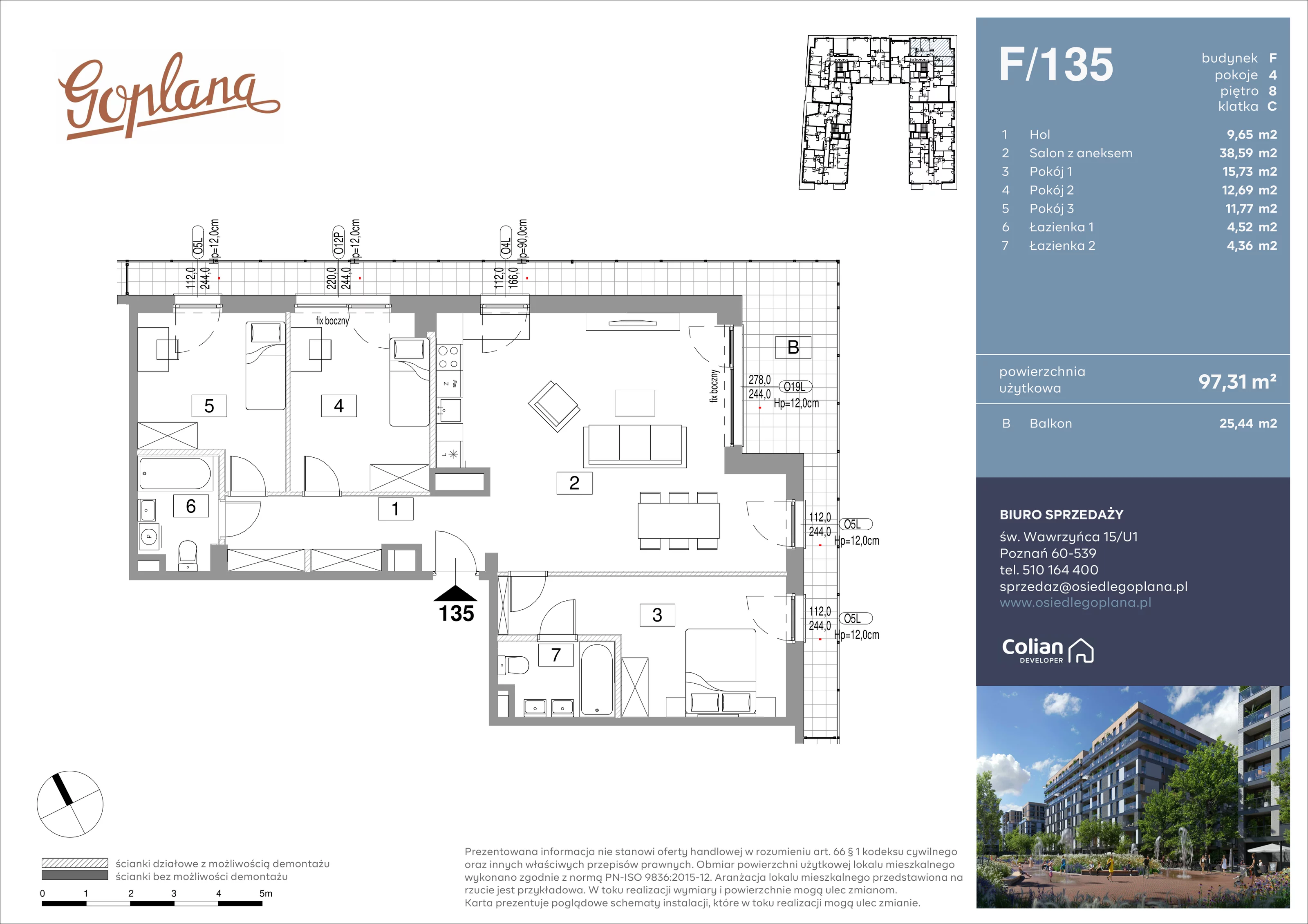 4 pokoje, mieszkanie 97,31 m², piętro 8, oferta nr F/135, Goplana Budynek F, Poznań, Jeżyce, ul. św. Wawrzyńca