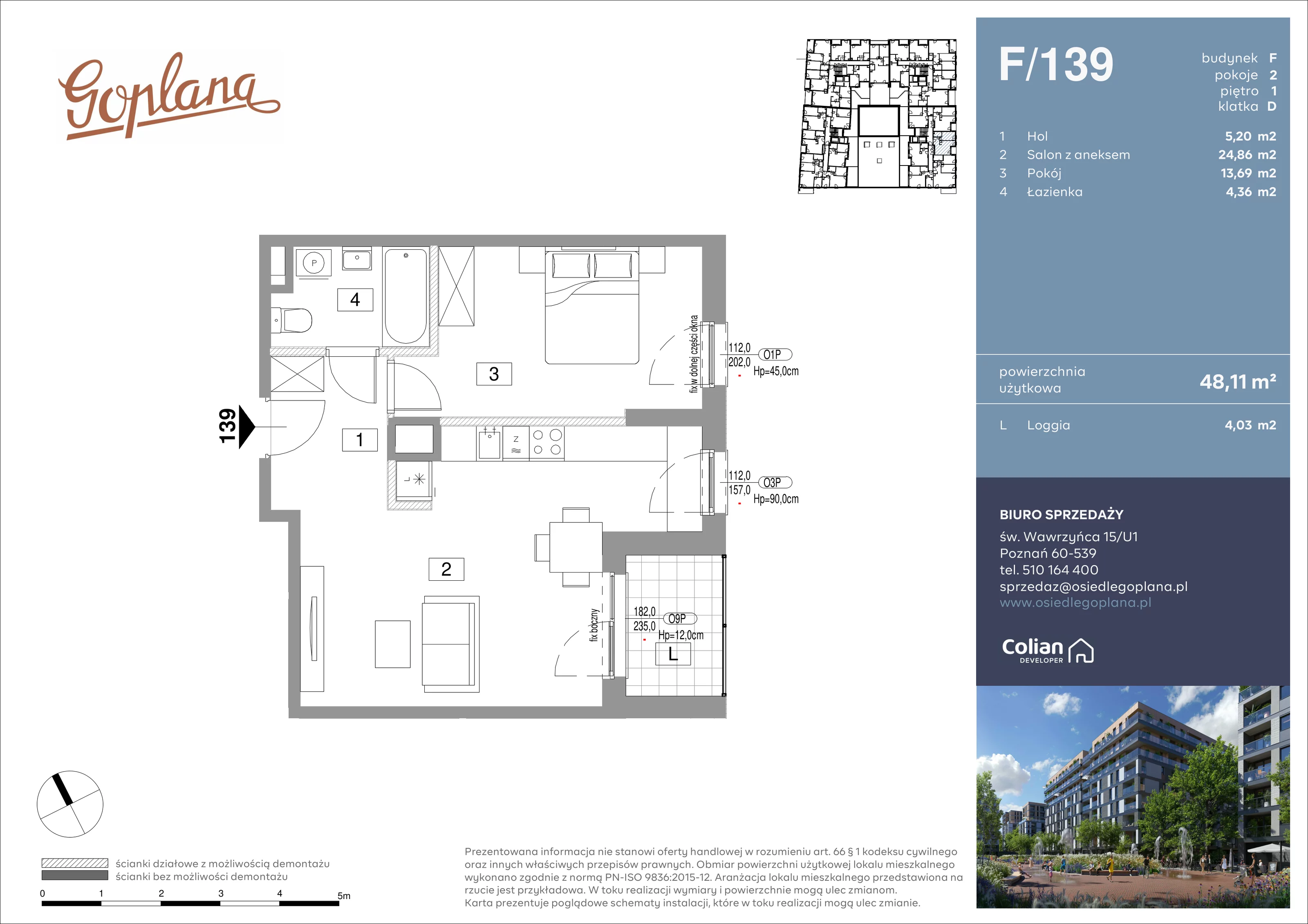 2 pokoje, mieszkanie 48,11 m², piętro 1, oferta nr F/139, Goplana Budynek F, Poznań, Jeżyce, ul. św. Wawrzyńca