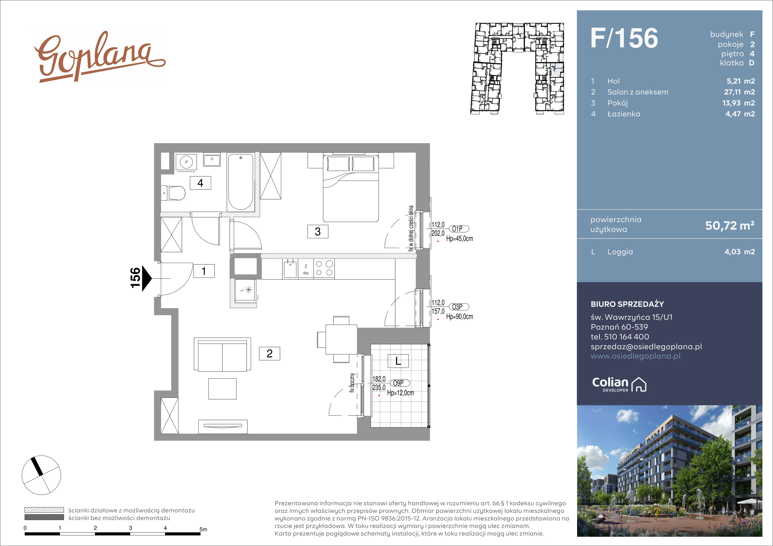 2 pokoje, mieszkanie 50,72 m², piętro 4, oferta nr F/156, Goplana Budynek F, Poznań, Jeżyce, ul. św. Wawrzyńca