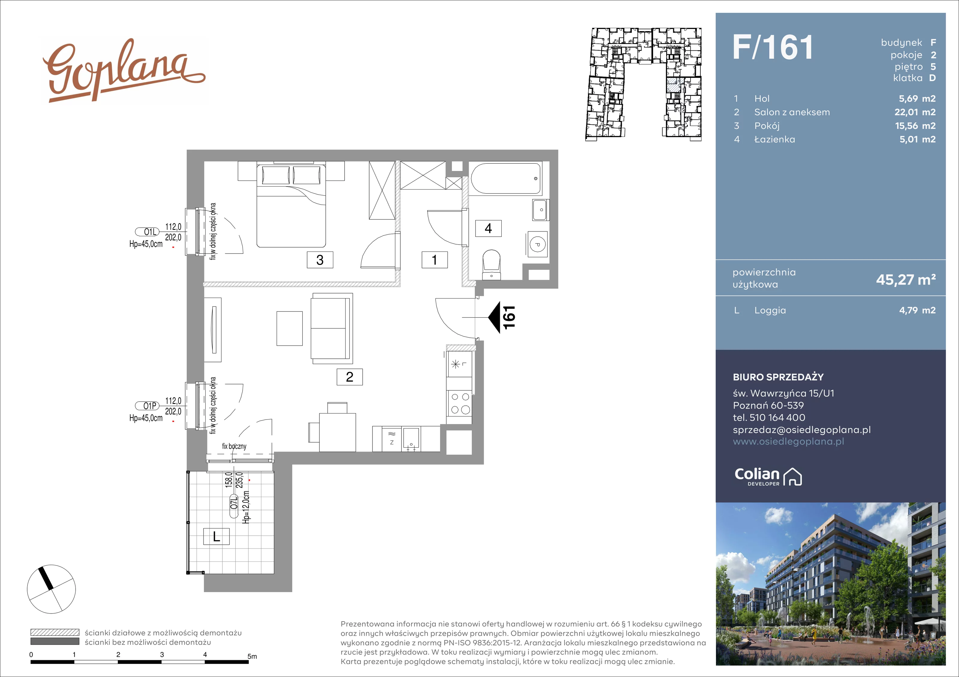 2 pokoje, mieszkanie 45,27 m², piętro 5, oferta nr F/161, Goplana Budynek F, Poznań, Jeżyce, ul. św. Wawrzyńca