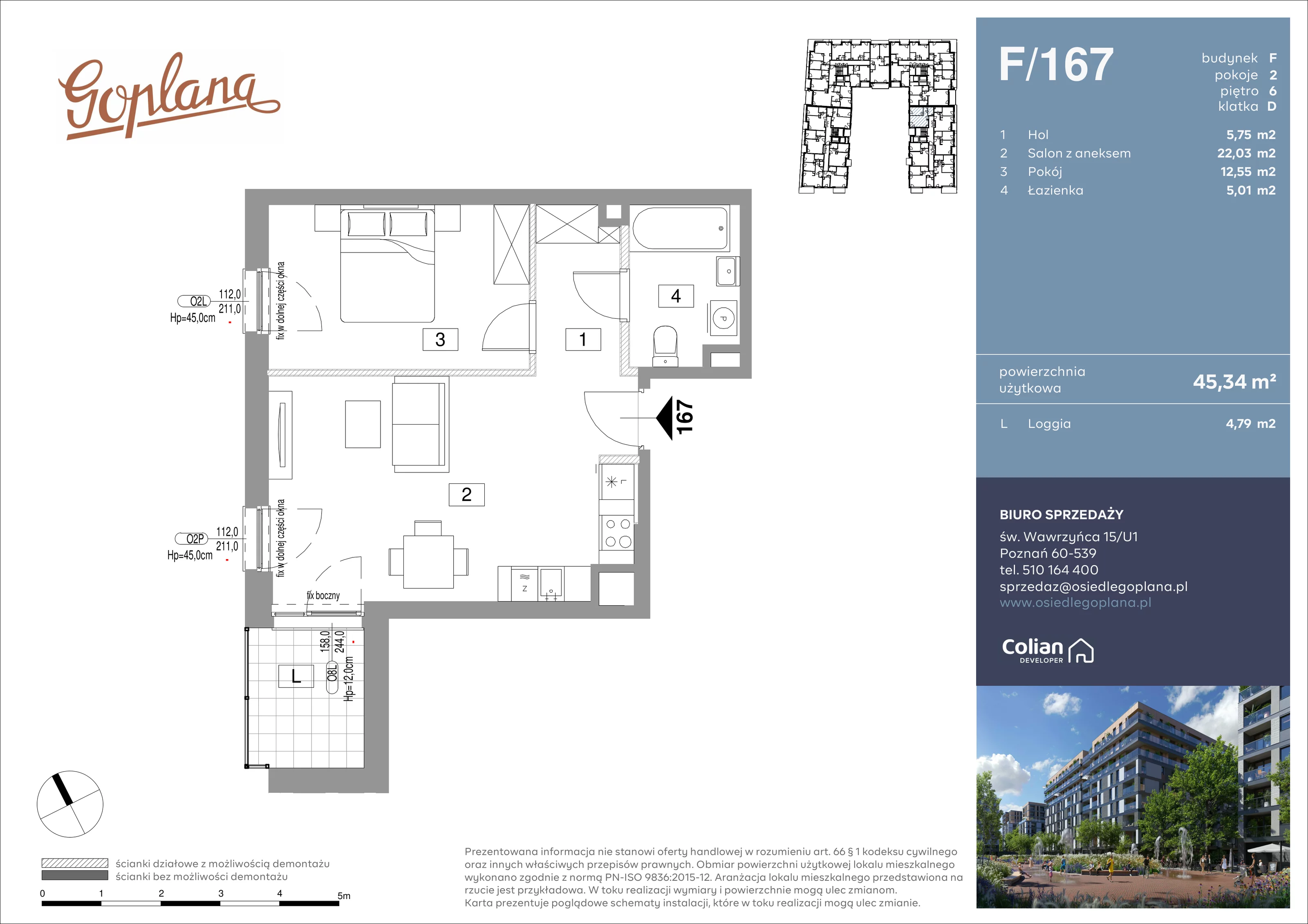 2 pokoje, mieszkanie 45,34 m², piętro 6, oferta nr F/167, Goplana Budynek F, Poznań, Jeżyce, ul. św. Wawrzyńca
