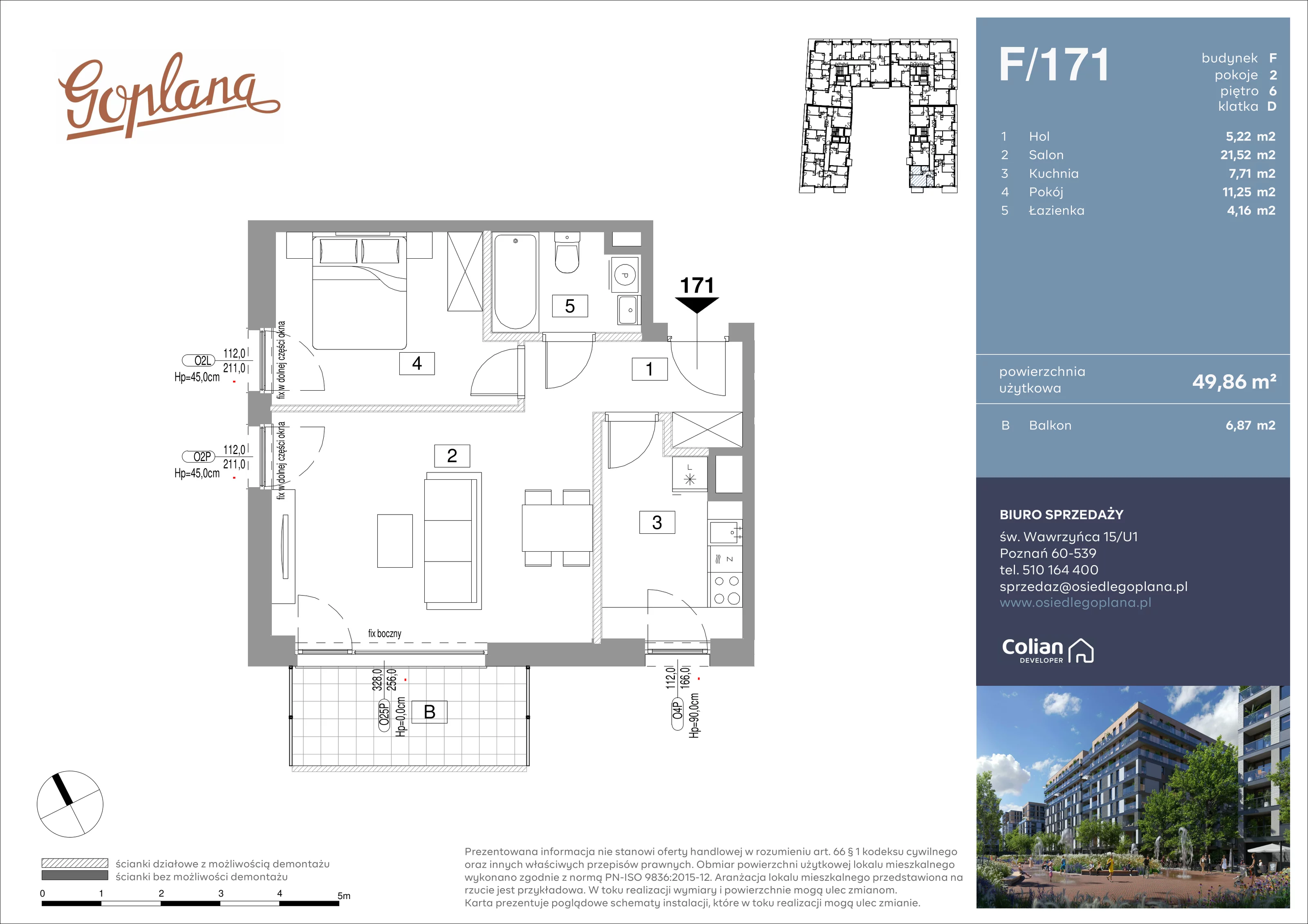2 pokoje, mieszkanie 49,56 m², piętro 6, oferta nr F/171, Goplana Budynek F, Poznań, Jeżyce, ul. św. Wawrzyńca
