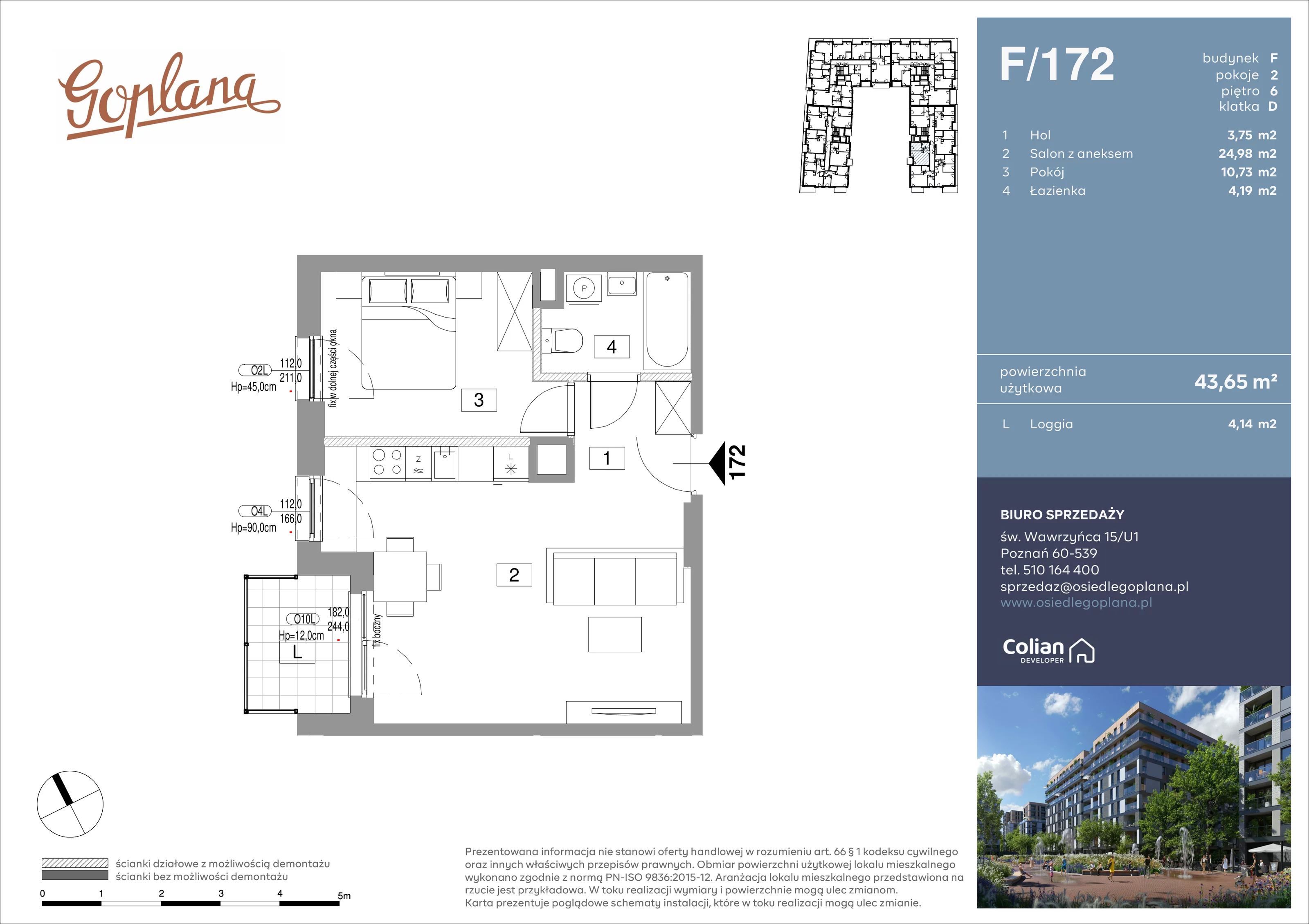 2 pokoje, mieszkanie 43,65 m², piętro 6, oferta nr F/172, Goplana Budynek F, Poznań, Jeżyce, ul. św. Wawrzyńca