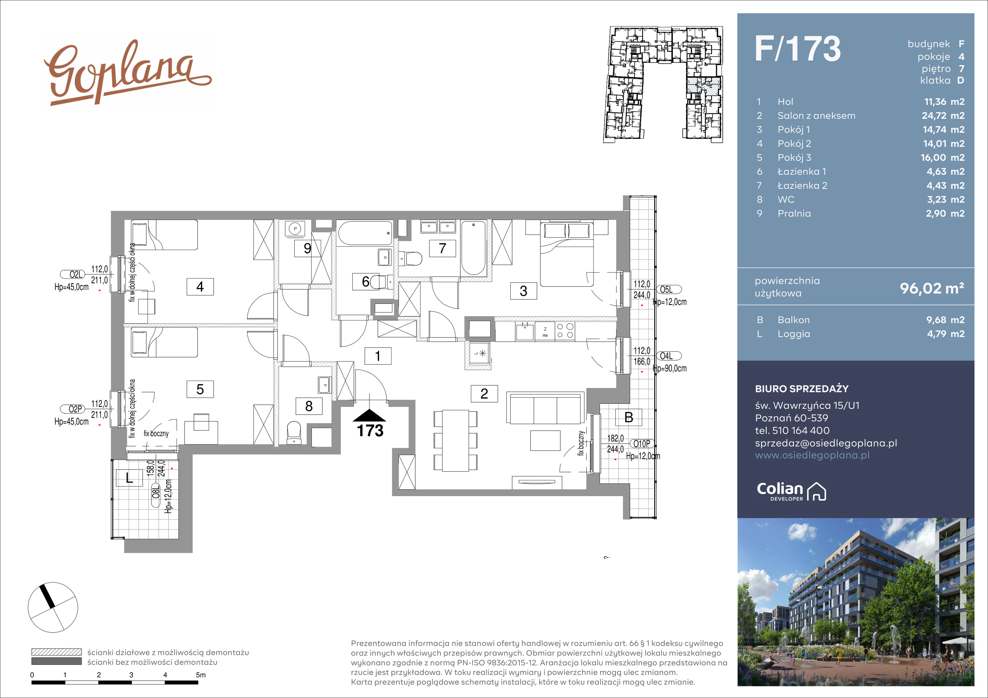 4 pokoje, mieszkanie 96,02 m², piętro 7, oferta nr F/173, Goplana Budynek F, Poznań, Jeżyce, ul. św. Wawrzyńca