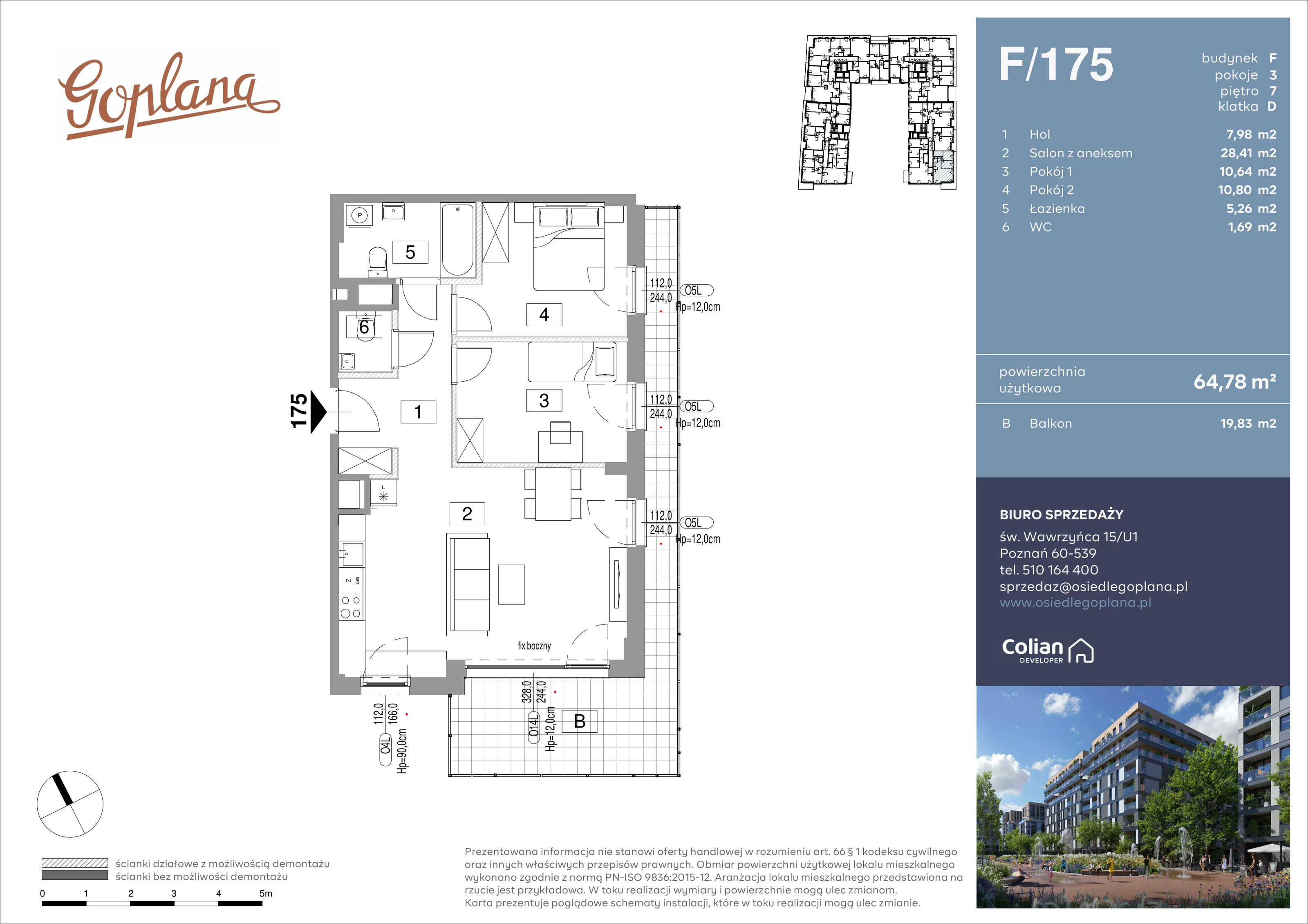 3 pokoje, mieszkanie 64,78 m², piętro 7, oferta nr F/175, Goplana Budynek F, Poznań, Jeżyce, ul. św. Wawrzyńca