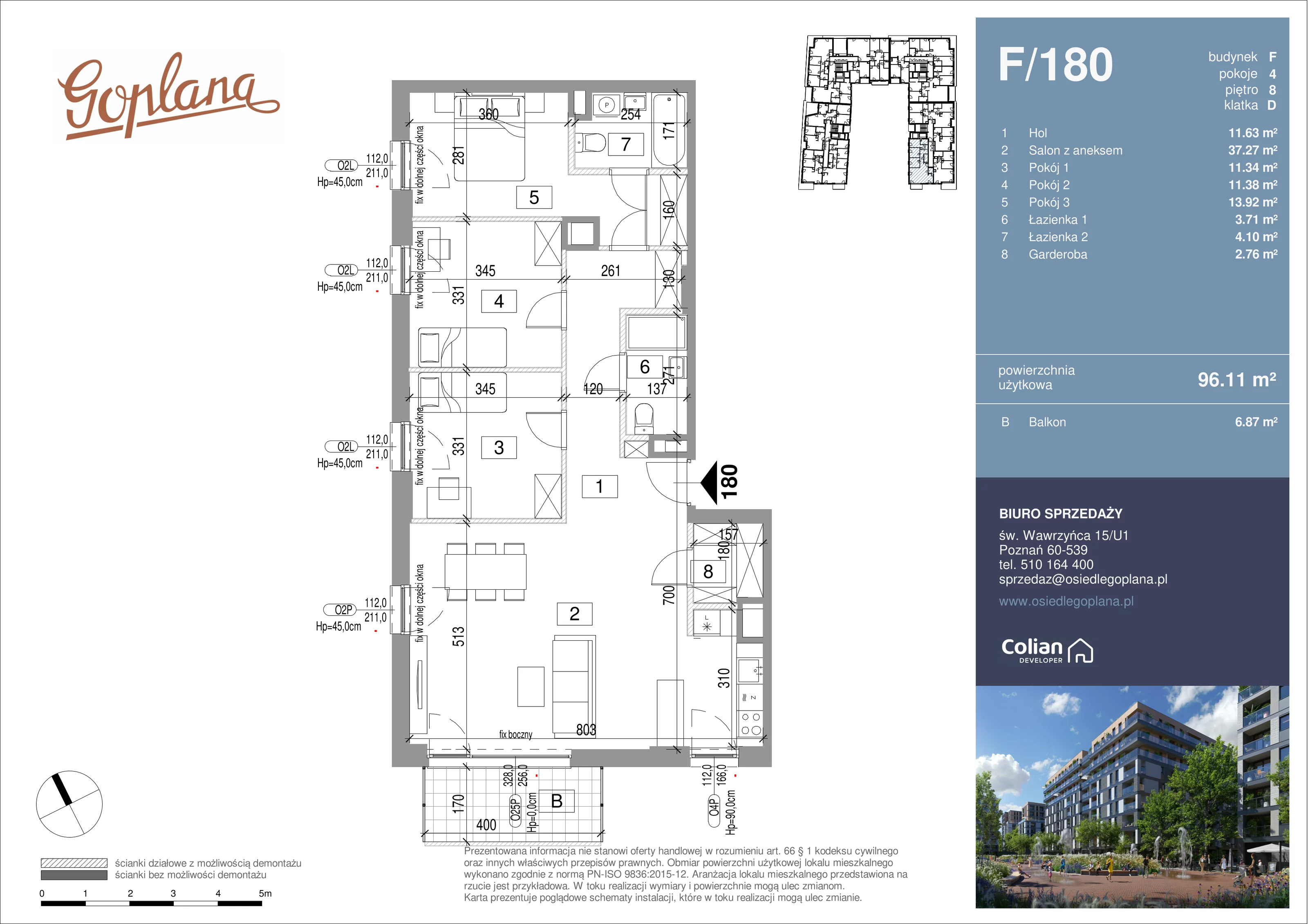 4 pokoje, mieszkanie 96,62 m², piętro 8, oferta nr F/180, Goplana Budynek F, Poznań, Jeżyce, ul. św. Wawrzyńca