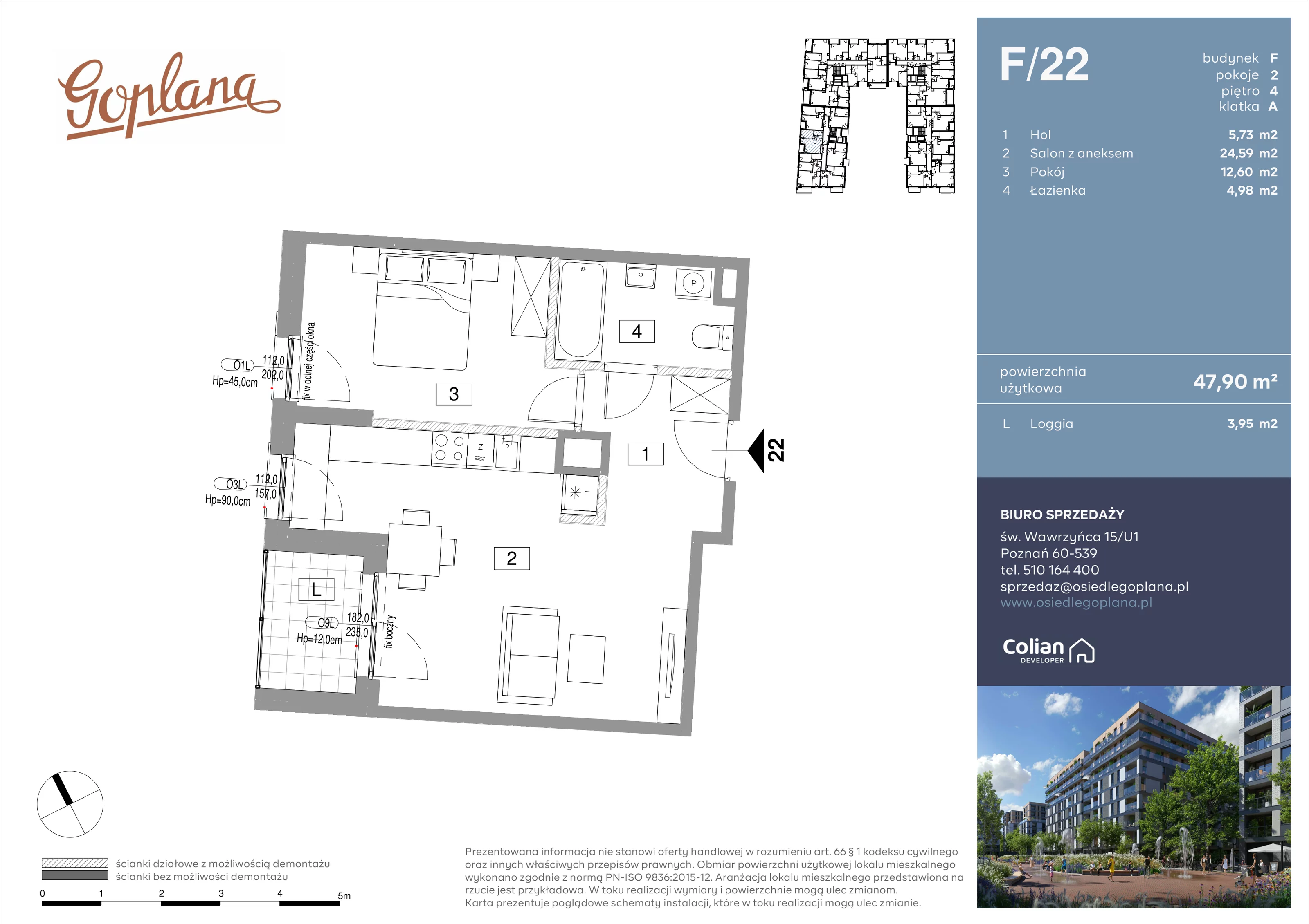 2 pokoje, mieszkanie 47,90 m², piętro 4, oferta nr F/22, Goplana Budynek F, Poznań, Jeżyce, ul. św. Wawrzyńca