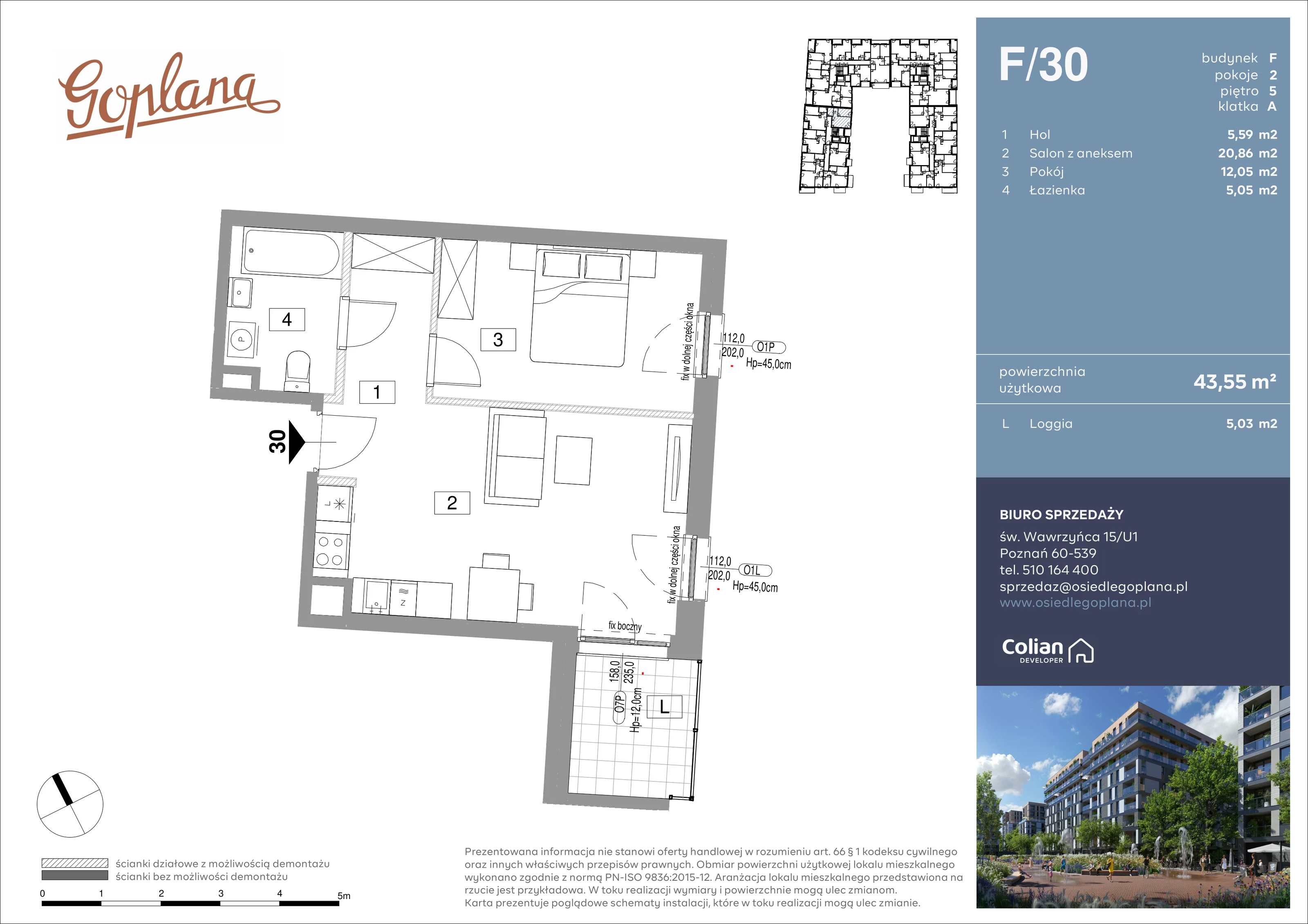 2 pokoje, mieszkanie 43,55 m², piętro 5, oferta nr F/30, Goplana Budynek F, Poznań, Jeżyce, ul. św. Wawrzyńca