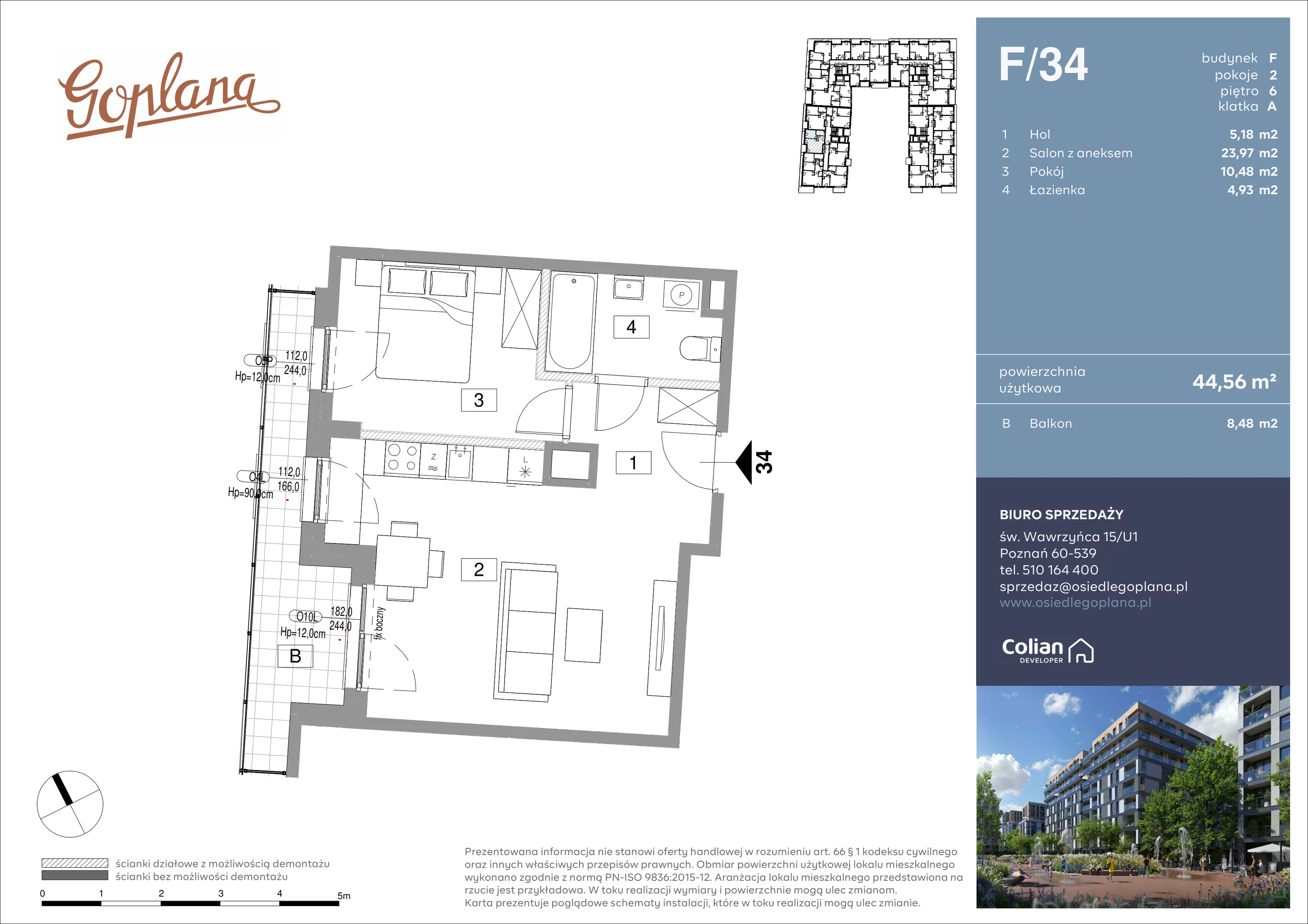 2 pokoje, mieszkanie 44,56 m², piętro 6, oferta nr F/34, Goplana Budynek F, Poznań, Jeżyce, ul. św. Wawrzyńca