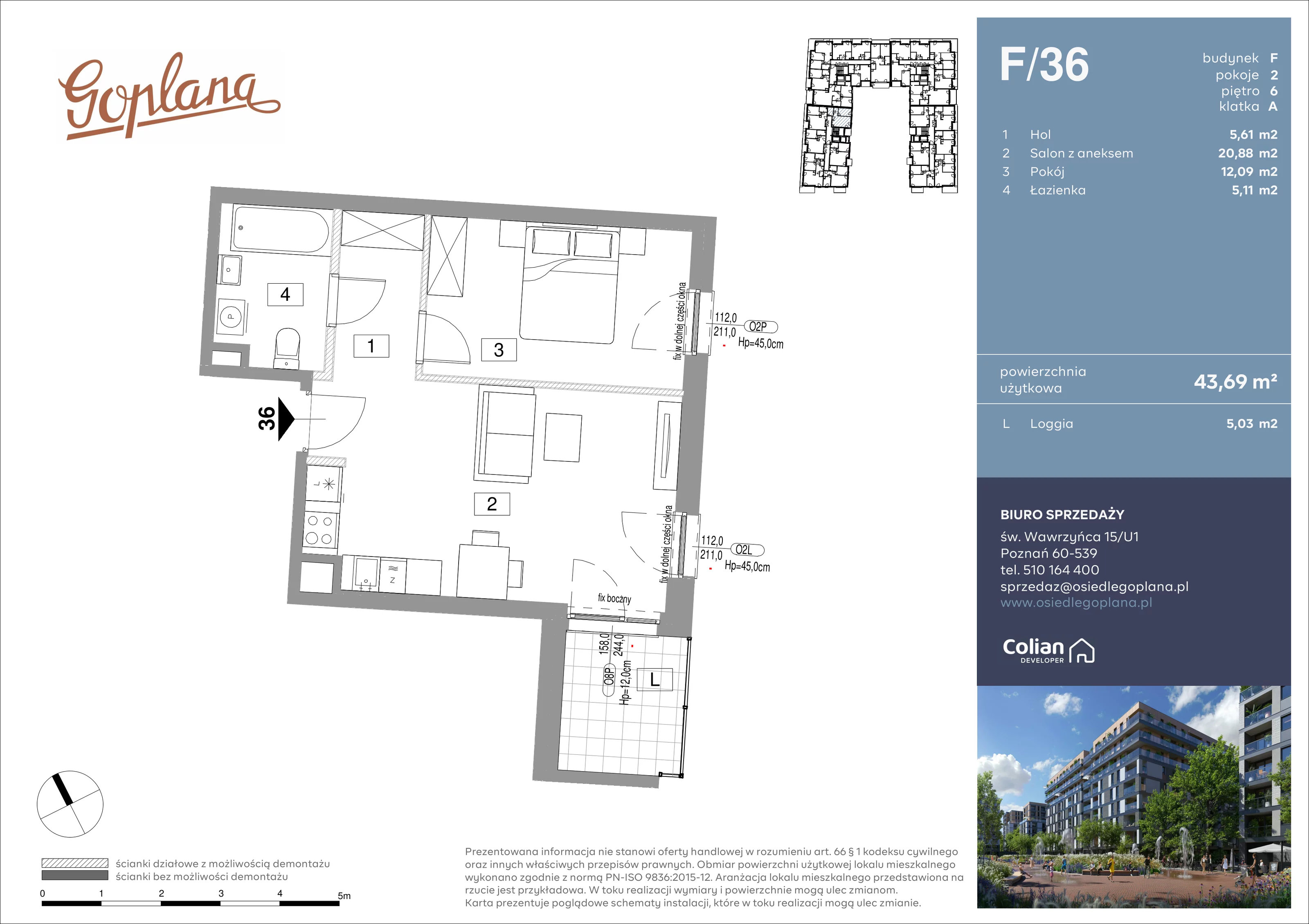 2 pokoje, mieszkanie 43,69 m², piętro 6, oferta nr F/36, Goplana Budynek F, Poznań, Jeżyce, ul. św. Wawrzyńca