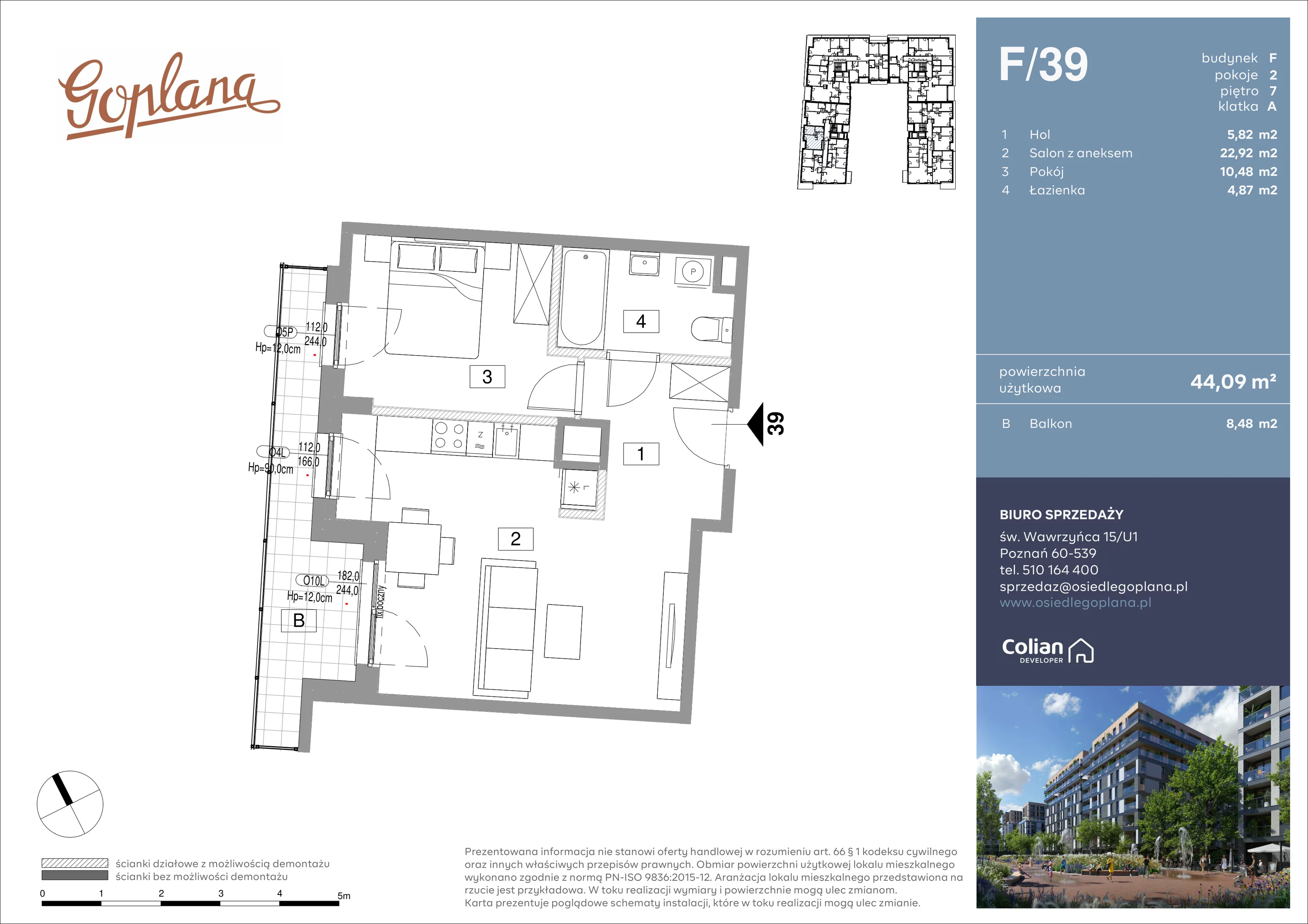 2 pokoje, mieszkanie 44,09 m², piętro 7, oferta nr F/39, Goplana Budynek F, Poznań, Jeżyce, ul. św. Wawrzyńca