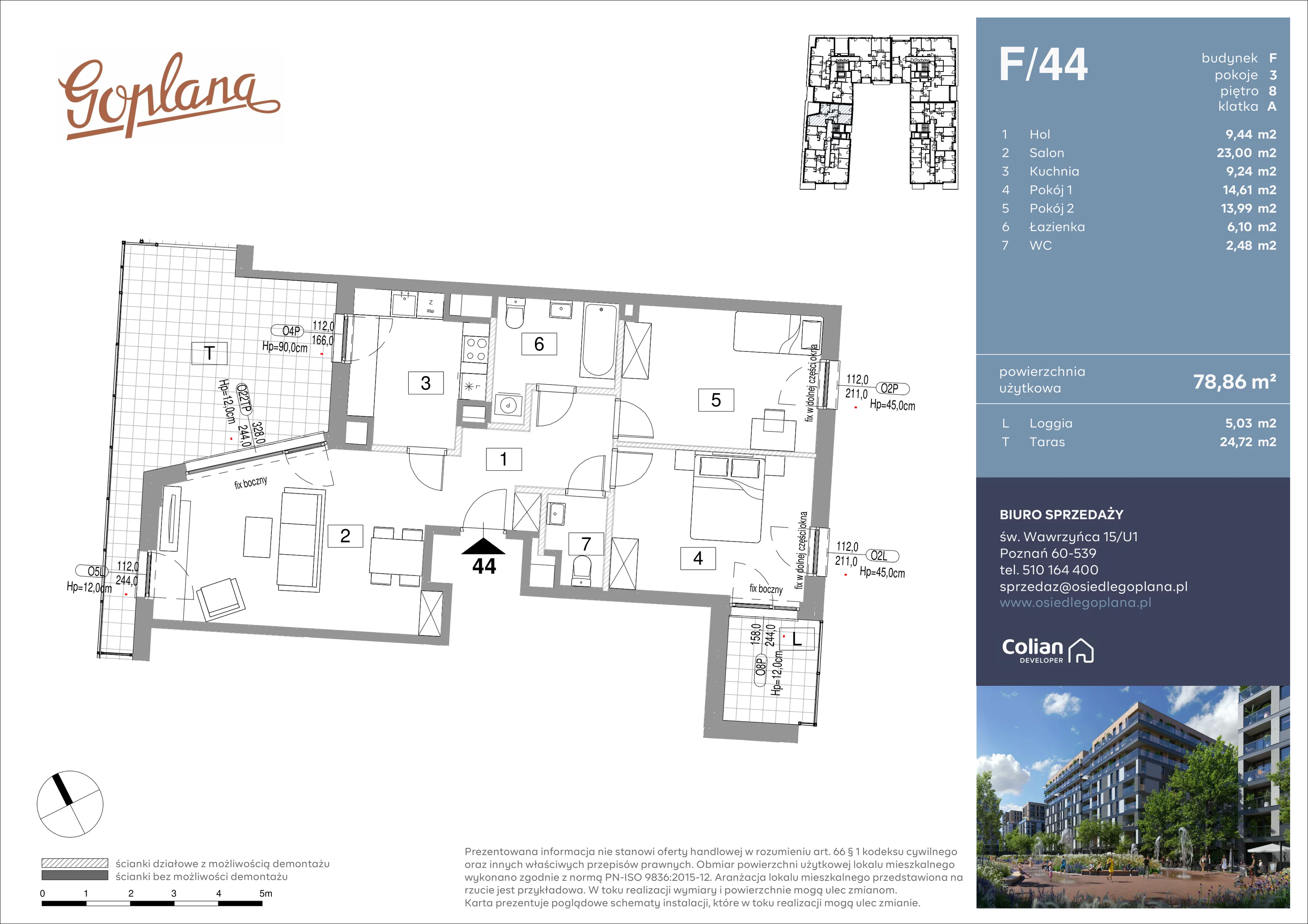 3 pokoje, mieszkanie 78,86 m², piętro 8, oferta nr F/44, Goplana Budynek F, Poznań, Jeżyce, ul. św. Wawrzyńca