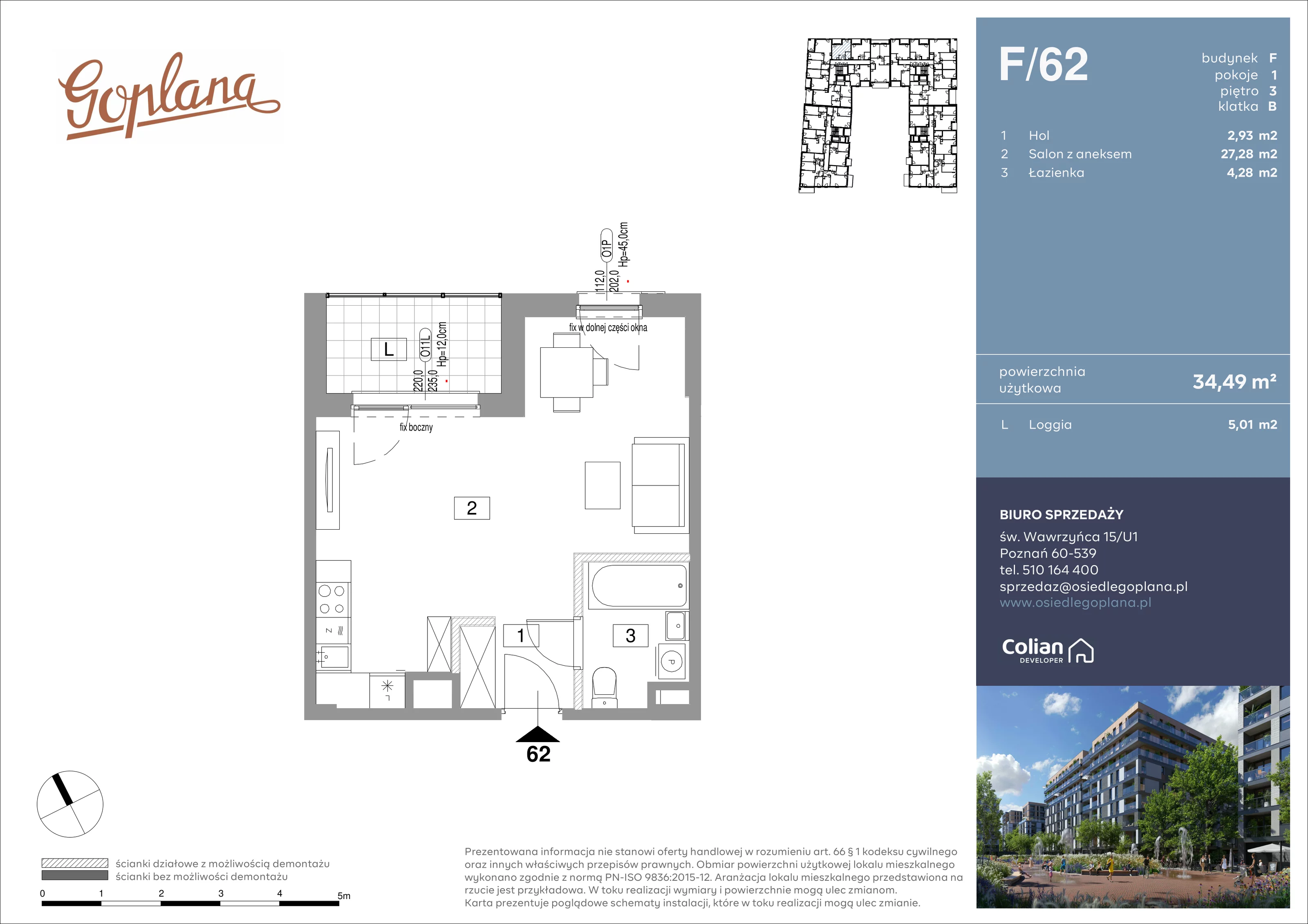 1 pokój, mieszkanie 34,49 m², piętro 3, oferta nr F/62, Goplana Budynek F, Poznań, Jeżyce, ul. św. Wawrzyńca