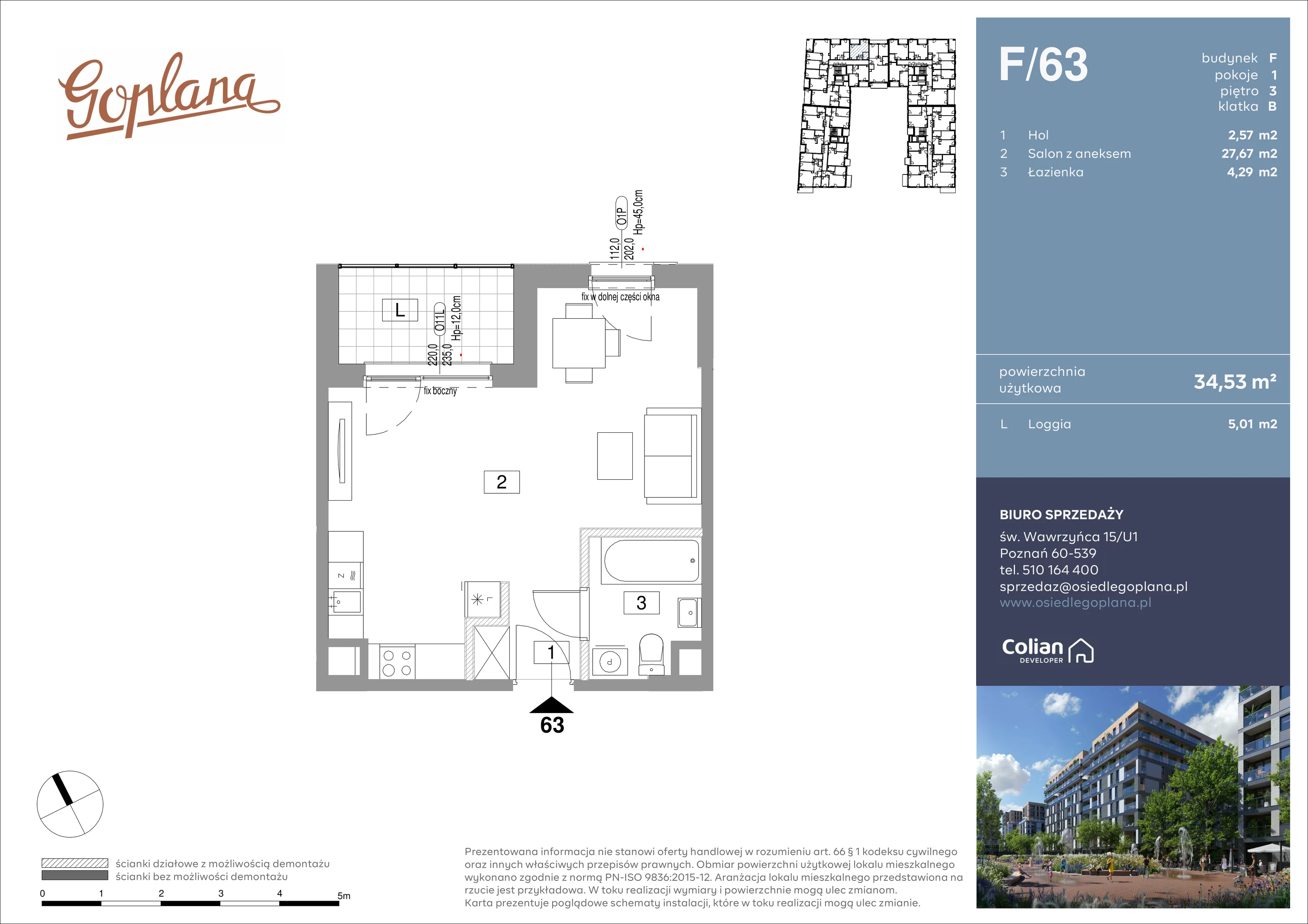 1 pokój, mieszkanie 34,53 m², piętro 3, oferta nr F/63, Goplana Budynek F, Poznań, Jeżyce, ul. św. Wawrzyńca