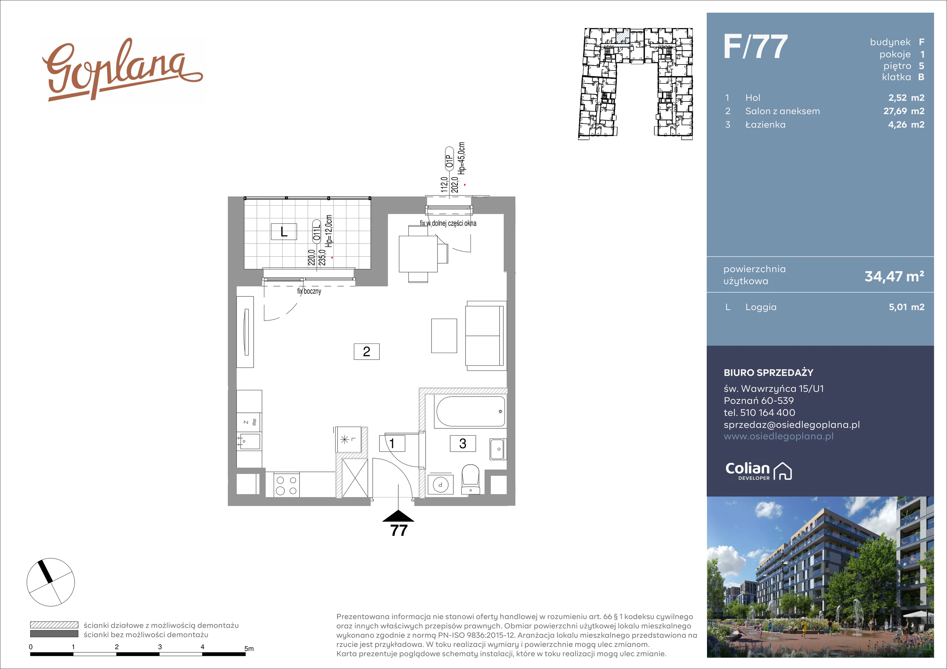 1 pokój, mieszkanie 34,47 m², piętro 5, oferta nr F/77, Goplana Budynek F, Poznań, Jeżyce, ul. św. Wawrzyńca