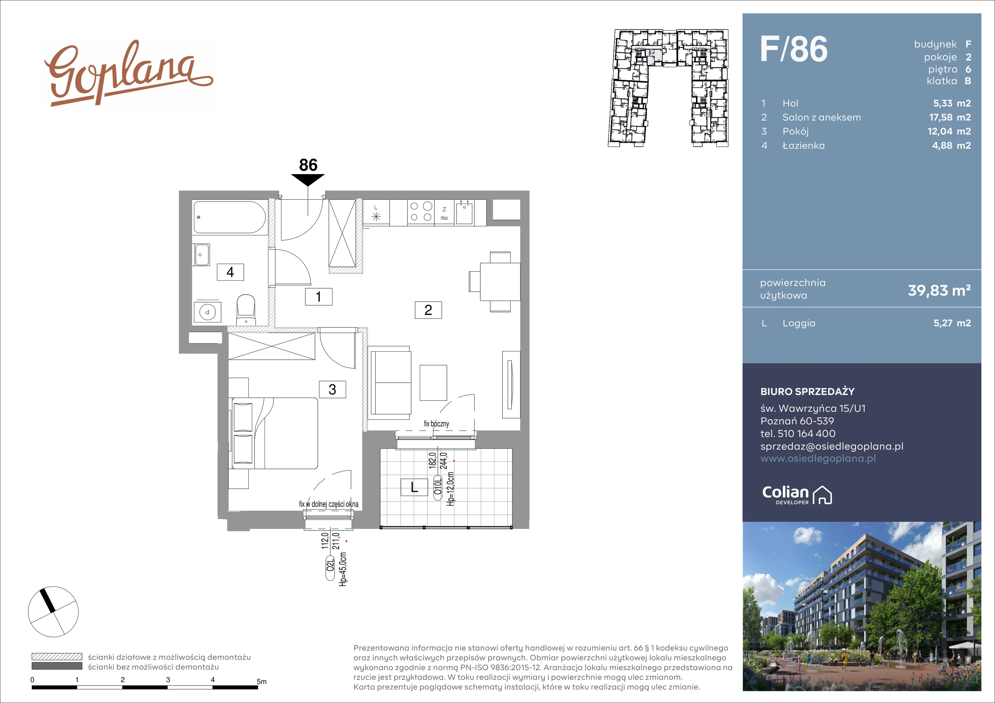 2 pokoje, mieszkanie 39,83 m², piętro 6, oferta nr F/86, Goplana Budynek F, Poznań, Jeżyce, ul. św. Wawrzyńca