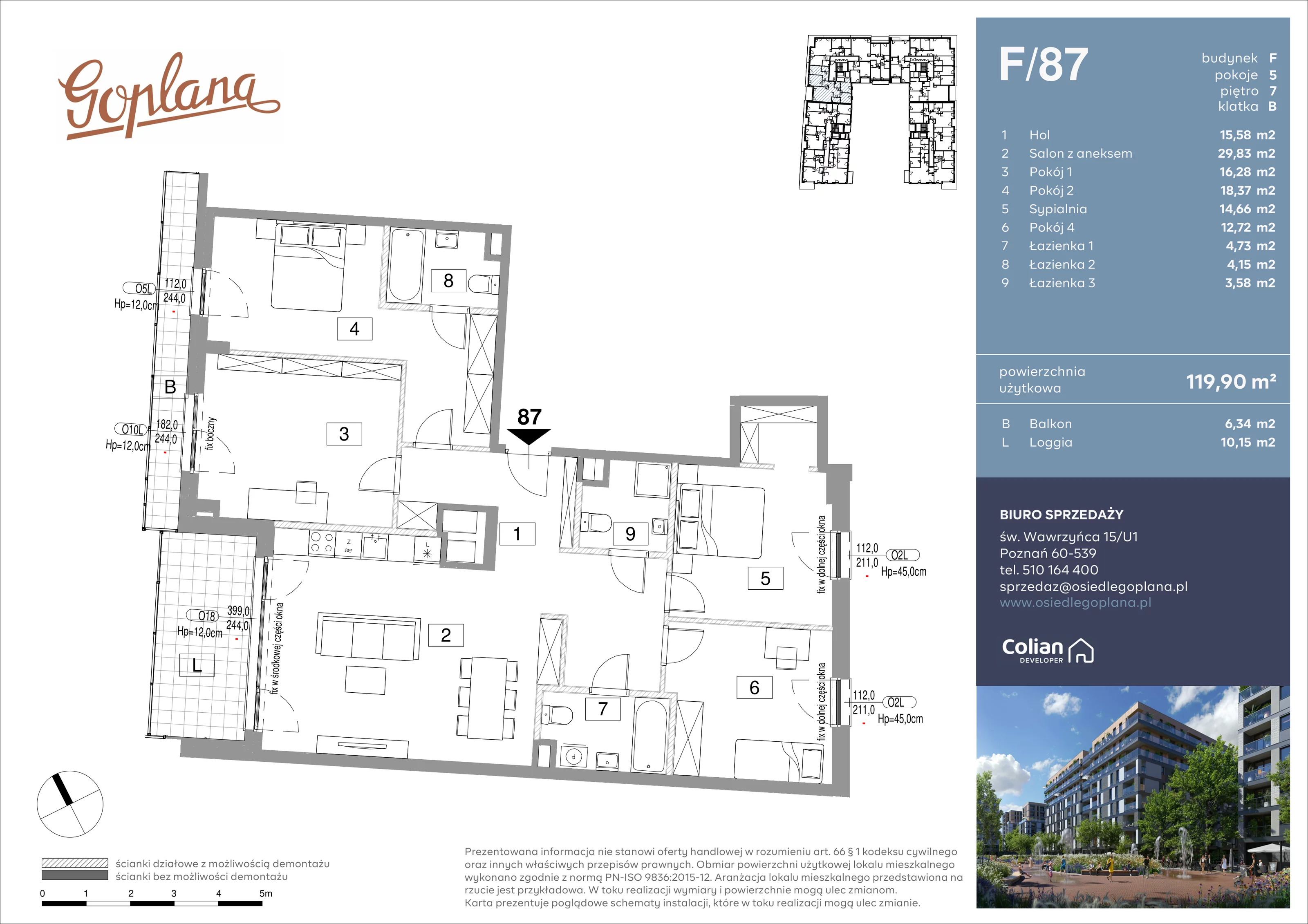 5 pokoi, mieszkanie 119,90 m², piętro 7, oferta nr F/87, Goplana Budynek F, Poznań, Jeżyce, ul. św. Wawrzyńca
