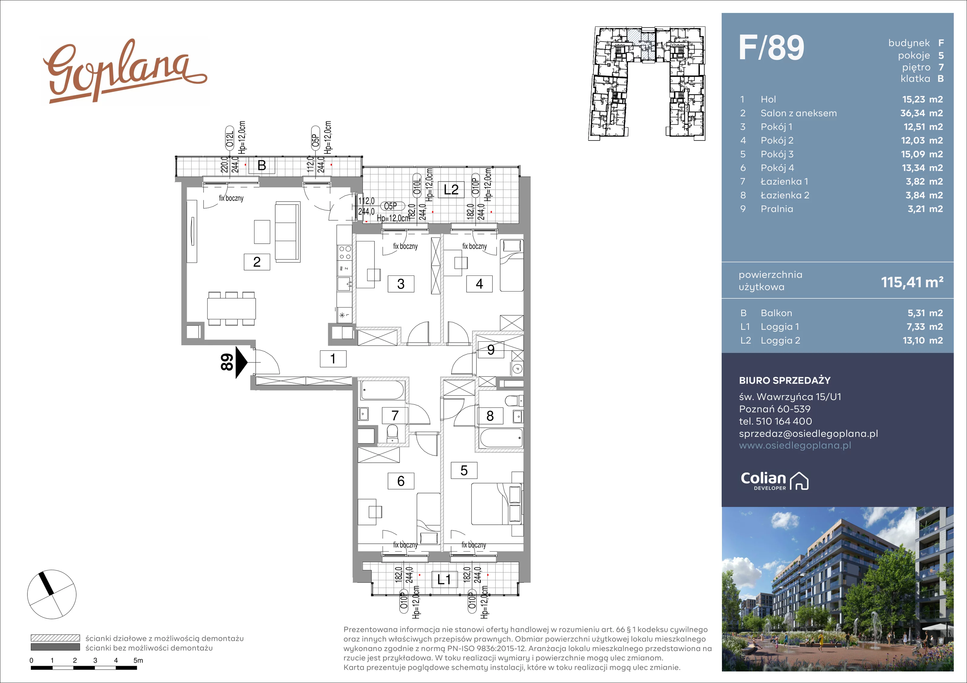 5 pokoi, mieszkanie 115,41 m², piętro 7, oferta nr F/89, Goplana Budynek F, Poznań, Jeżyce, ul. św. Wawrzyńca