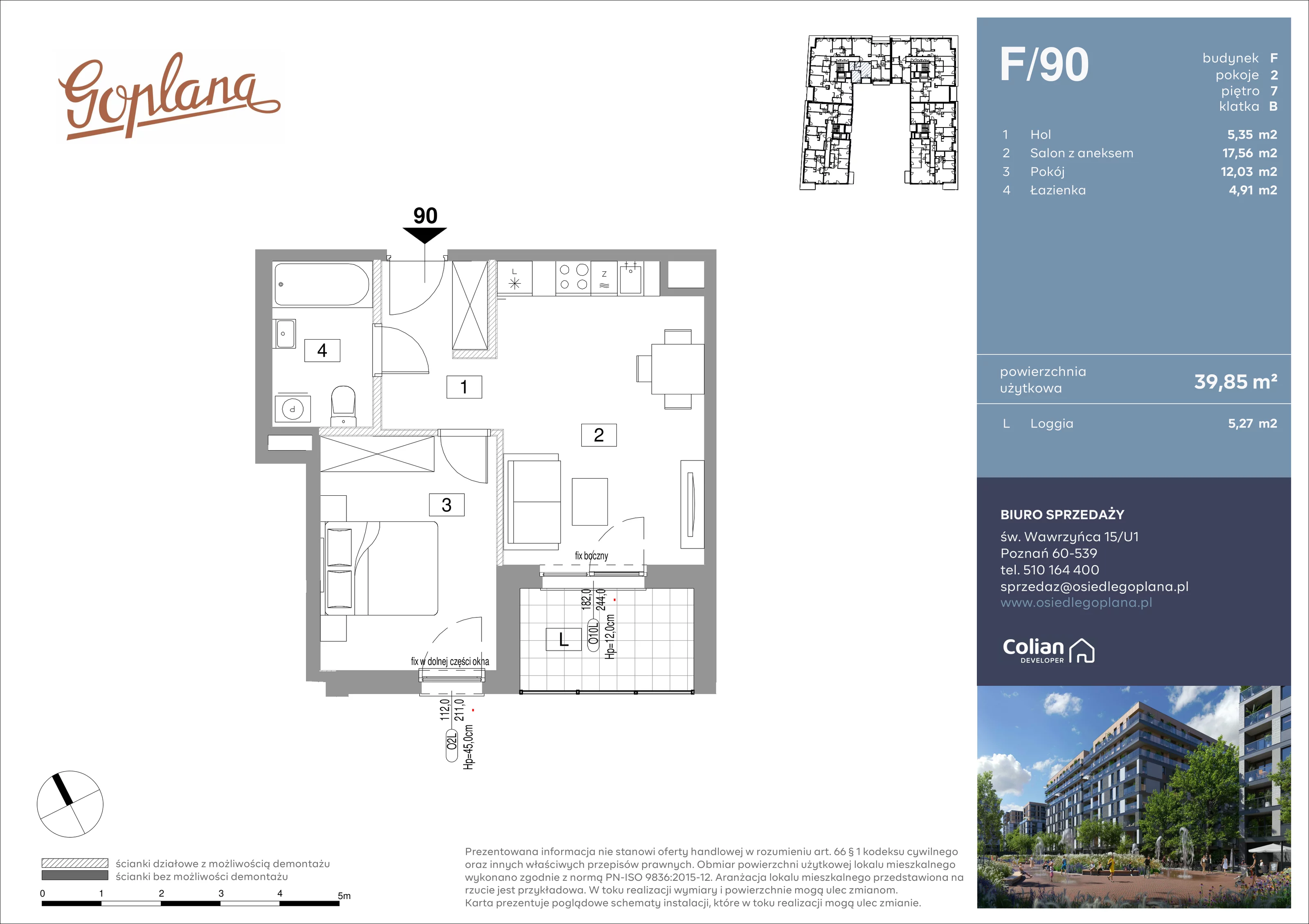 2 pokoje, mieszkanie 39,85 m², piętro 7, oferta nr F/90, Goplana Budynek F, Poznań, Jeżyce, ul. św. Wawrzyńca