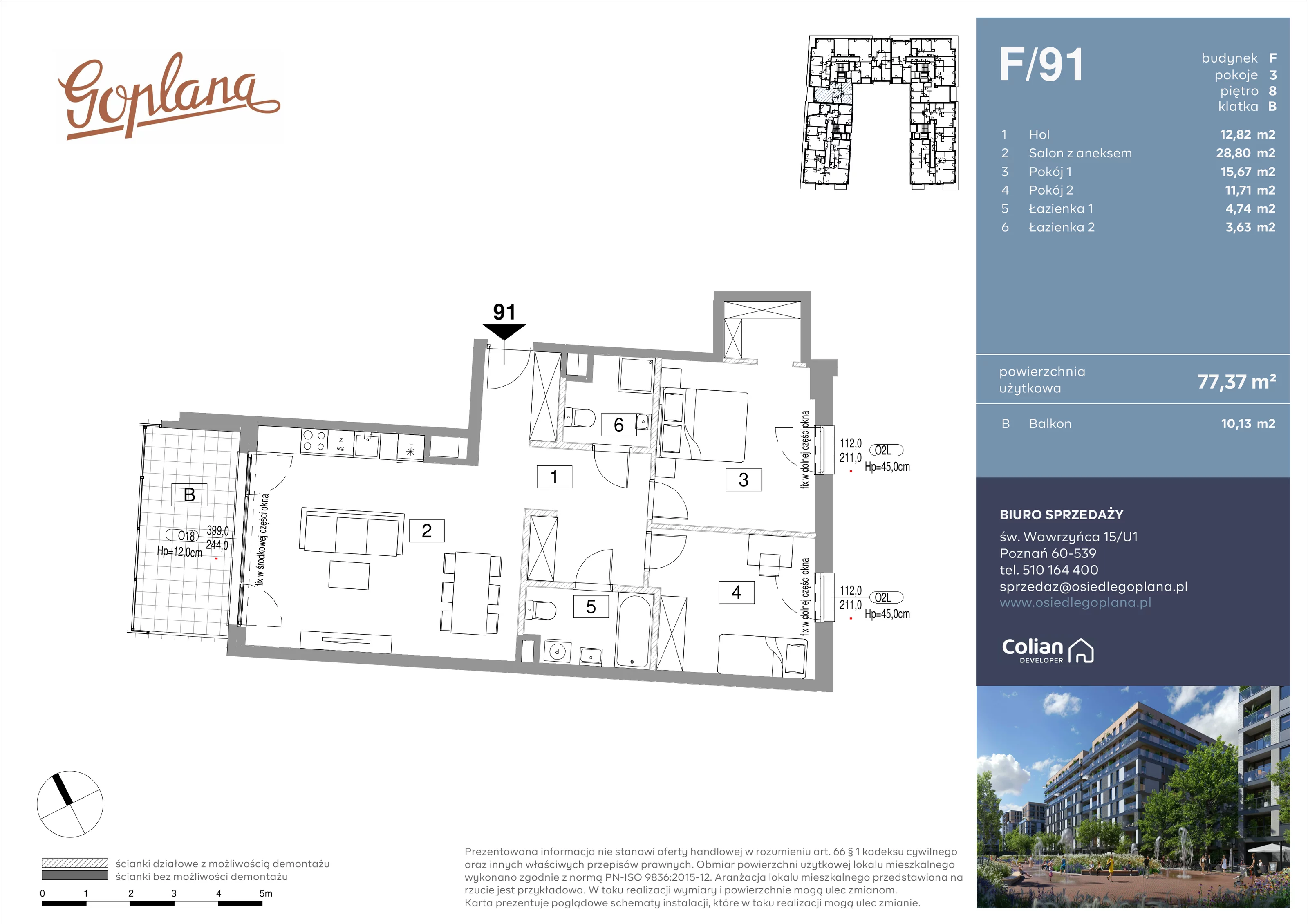 3 pokoje, mieszkanie 77,37 m², piętro 8, oferta nr F/91, Goplana Budynek F, Poznań, Jeżyce, ul. św. Wawrzyńca