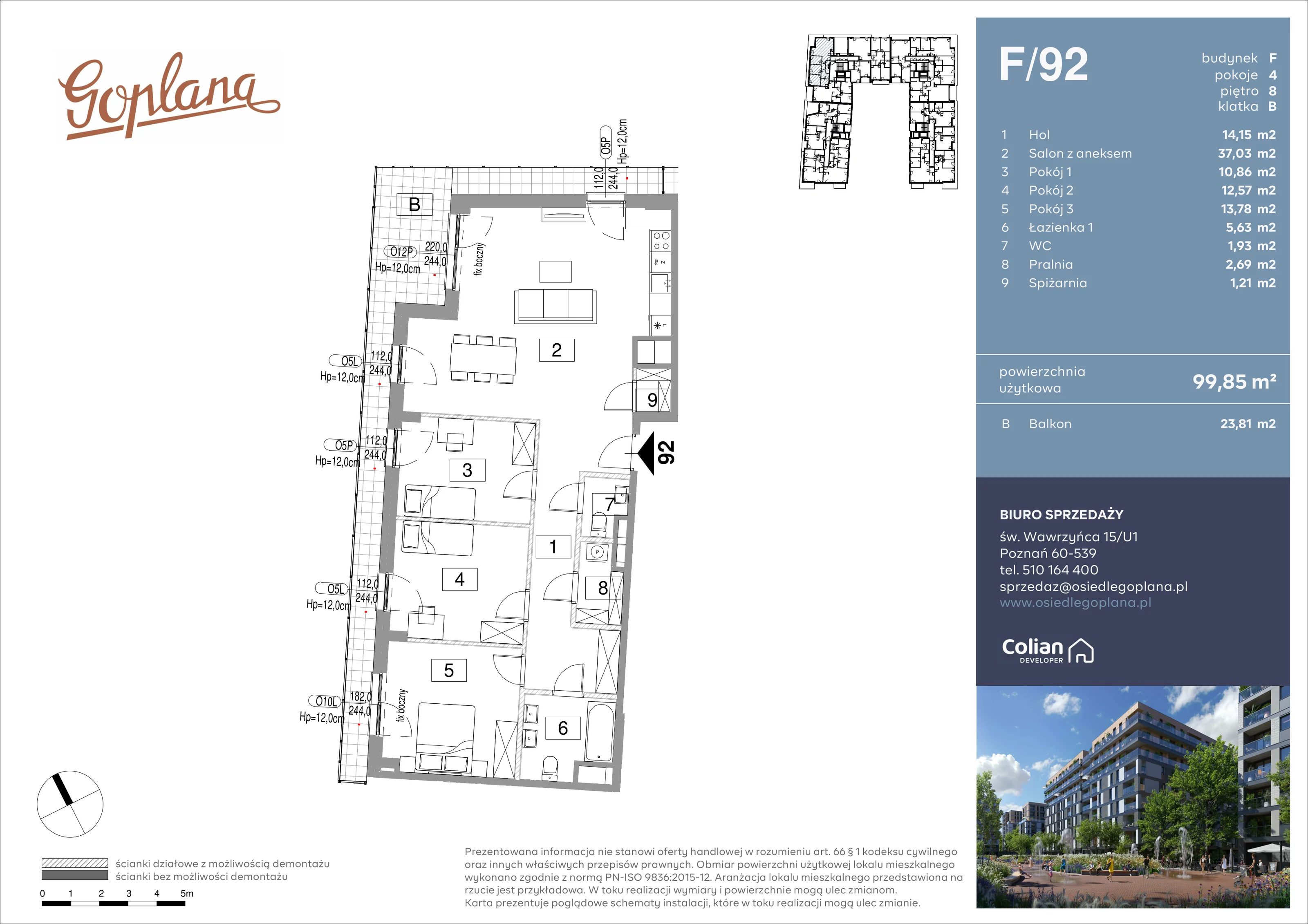 4 pokoje, mieszkanie 99,85 m², piętro 8, oferta nr F/92, Goplana Budynek F, Poznań, Jeżyce, ul. św. Wawrzyńca