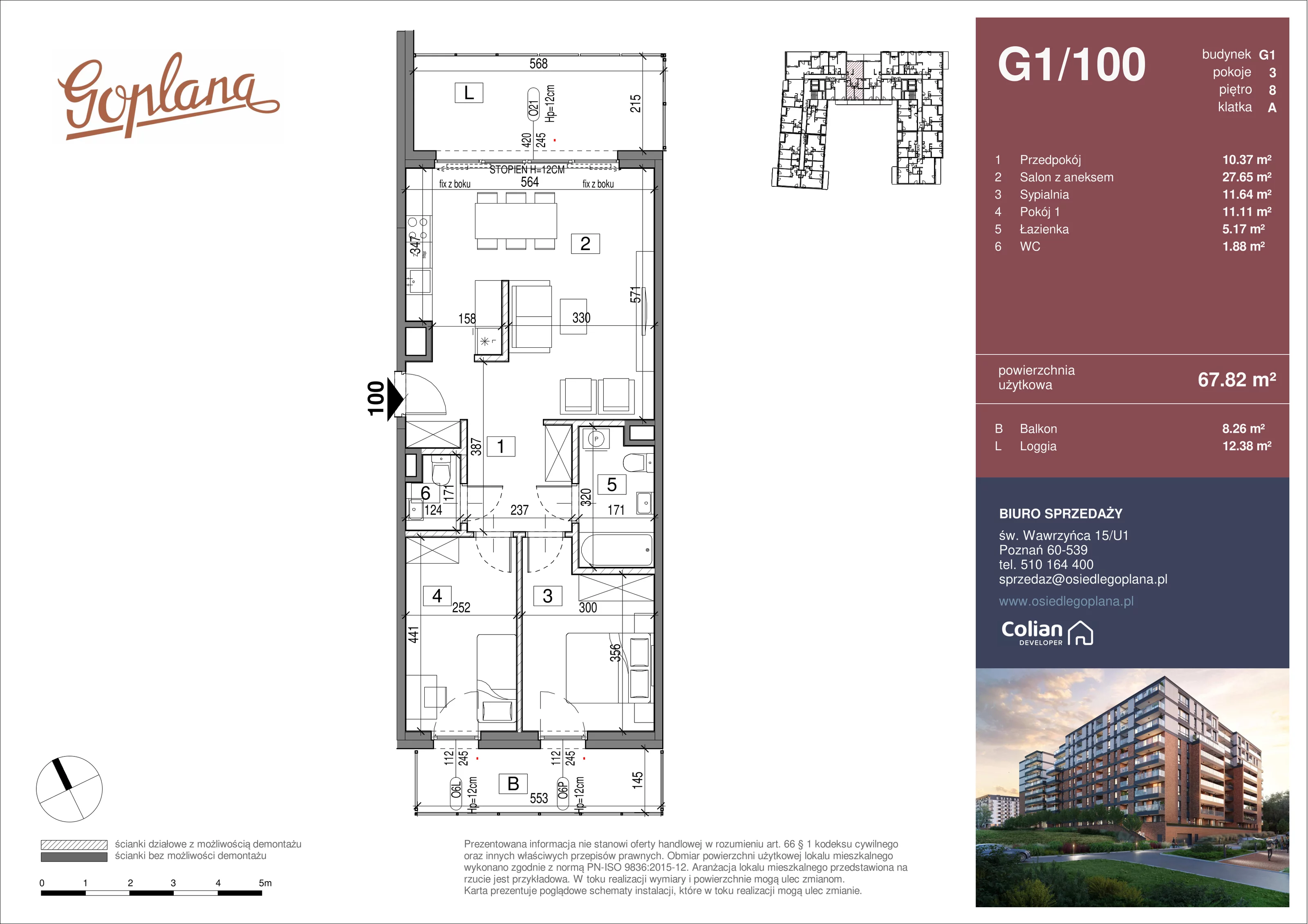 3 pokoje, mieszkanie 67,82 m², piętro 8, oferta nr G1/100, Goplana Budynek G, Poznań, Jeżyce, ul. św. Wawrzyńca