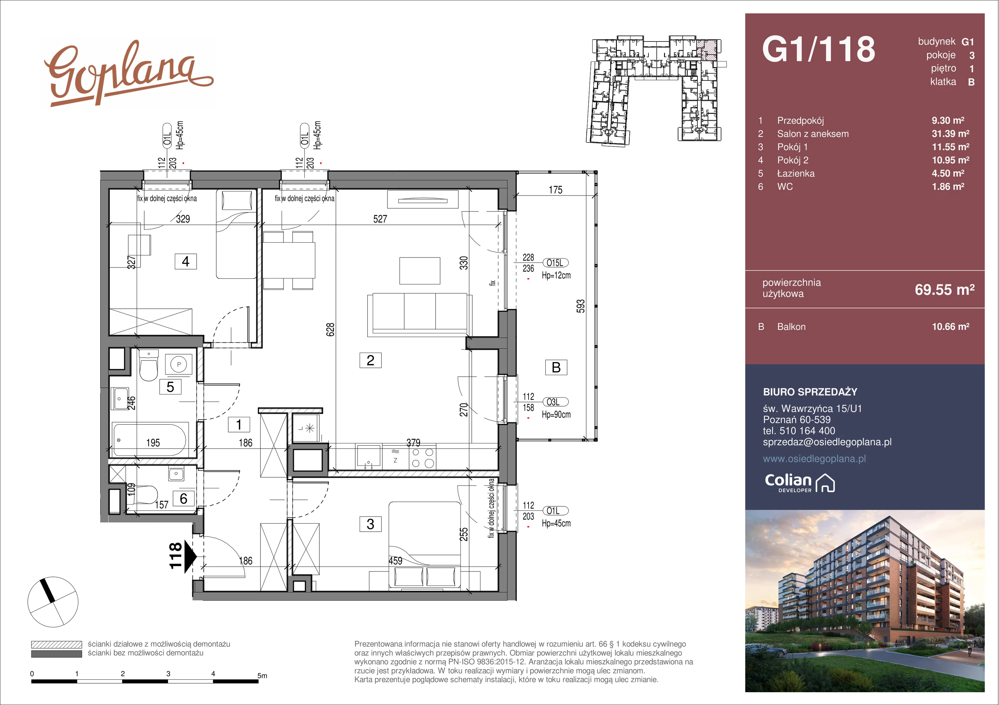 3 pokoje, mieszkanie 69,55 m², piętro 1, oferta nr G1/118, Goplana Budynek G, Poznań, Jeżyce, ul. św. Wawrzyńca