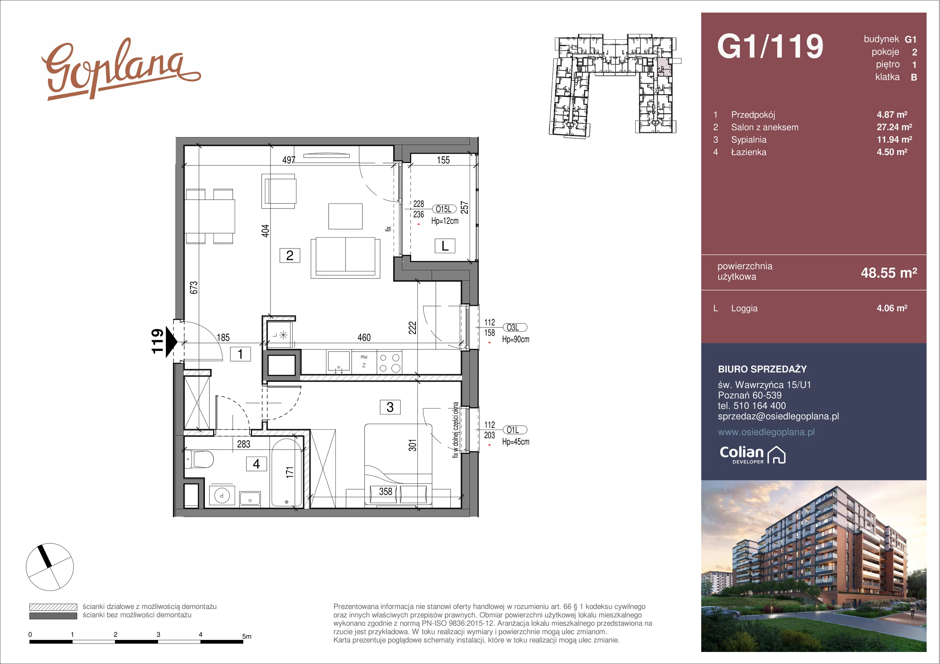 2 pokoje, mieszkanie 48,55 m², piętro 1, oferta nr G1/119, Goplana Budynek G, Poznań, Jeżyce, ul. św. Wawrzyńca