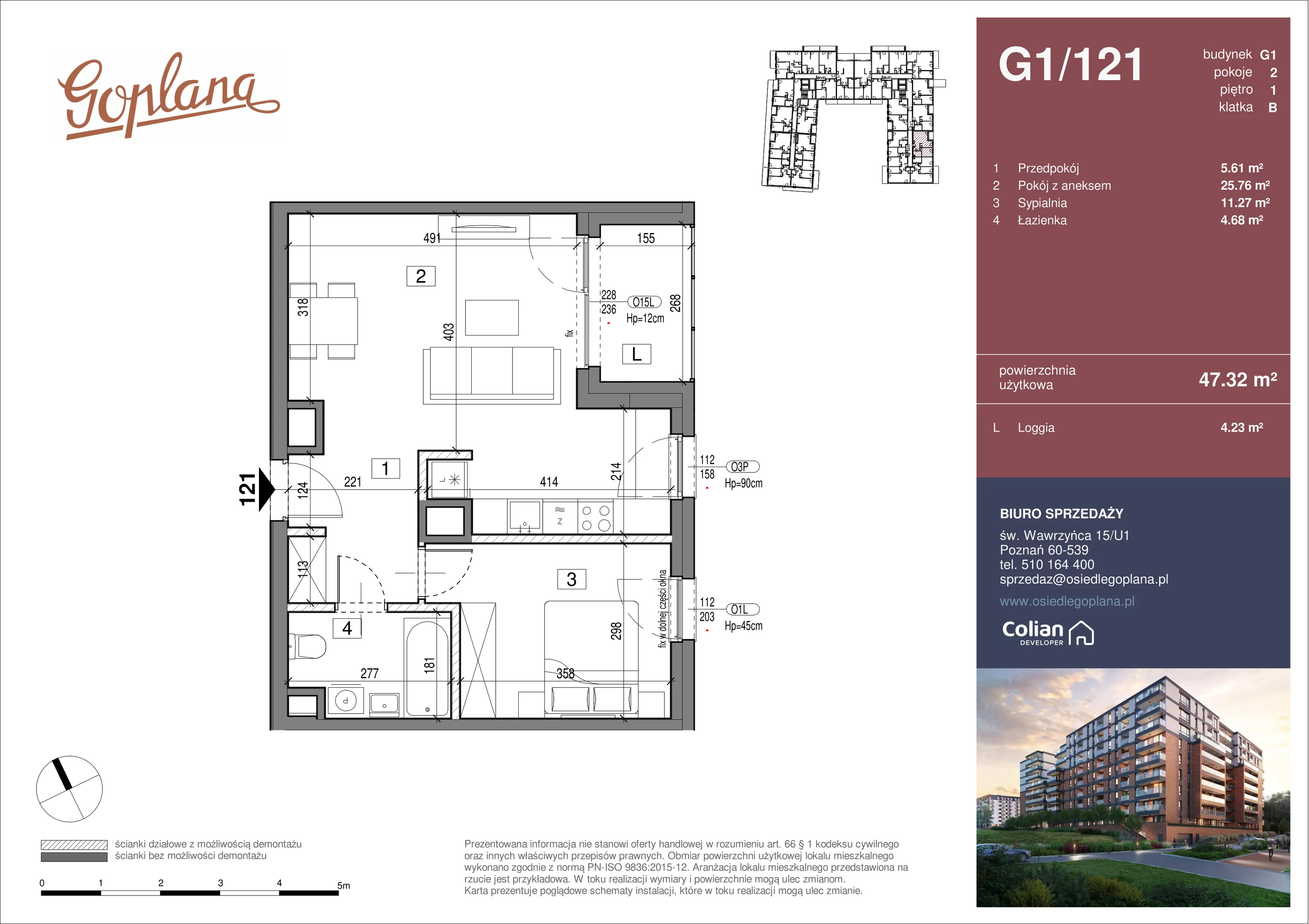 2 pokoje, mieszkanie 47,32 m², piętro 1, oferta nr G1/121, Goplana Budynek G, Poznań, Jeżyce, ul. św. Wawrzyńca