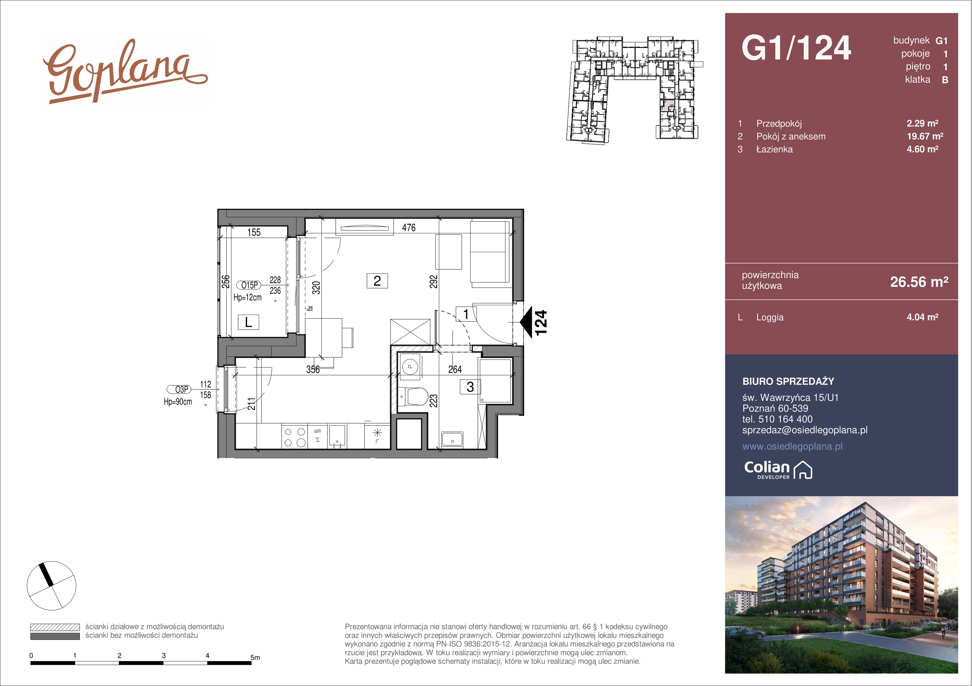 1 pokój, mieszkanie 26,56 m², piętro 1, oferta nr G1/124, Goplana Budynek G, Poznań, Jeżyce, ul. św. Wawrzyńca