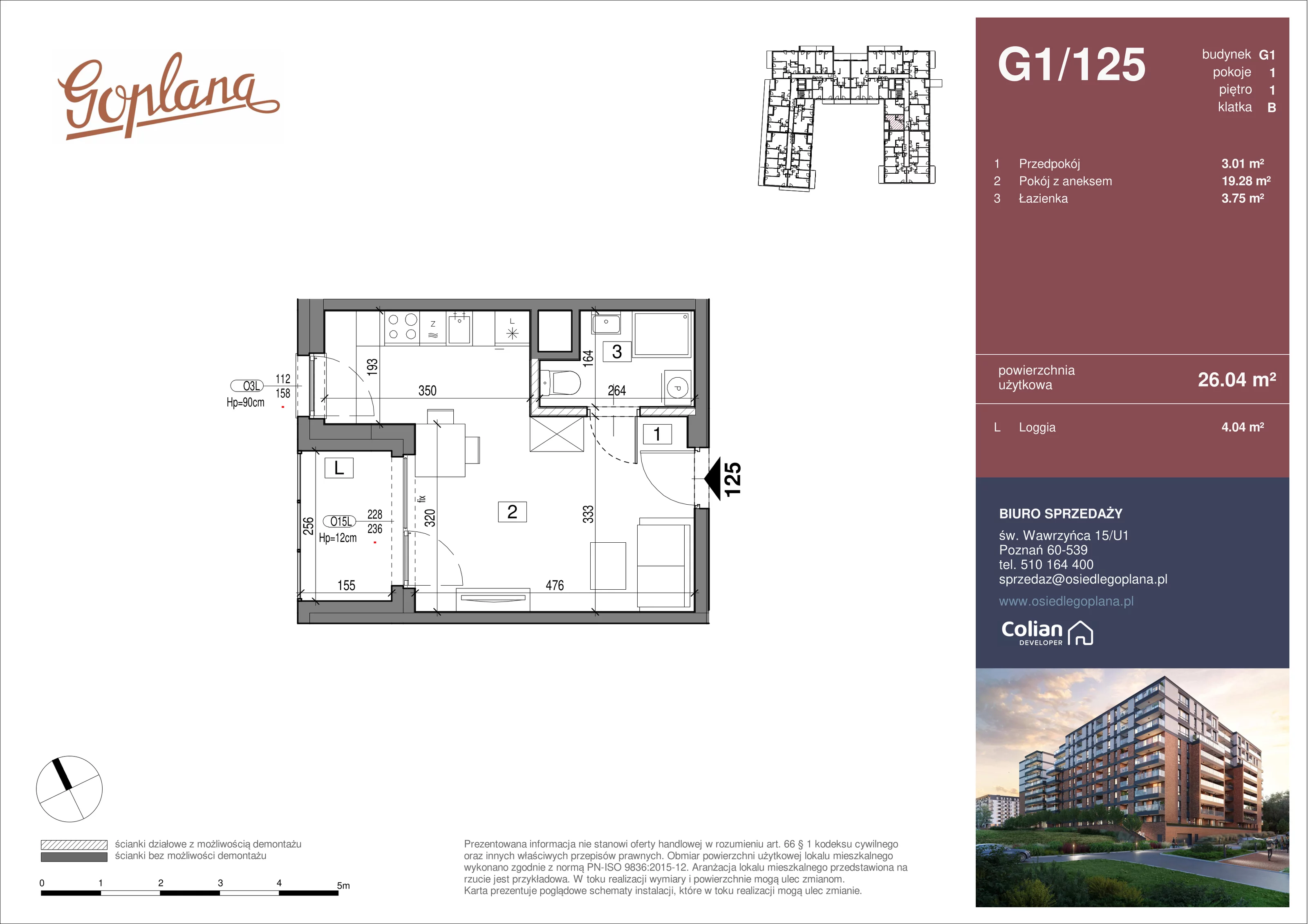 1 pokój, mieszkanie 26,04 m², piętro 1, oferta nr G1/125, Goplana Budynek G, Poznań, Jeżyce, ul. św. Wawrzyńca